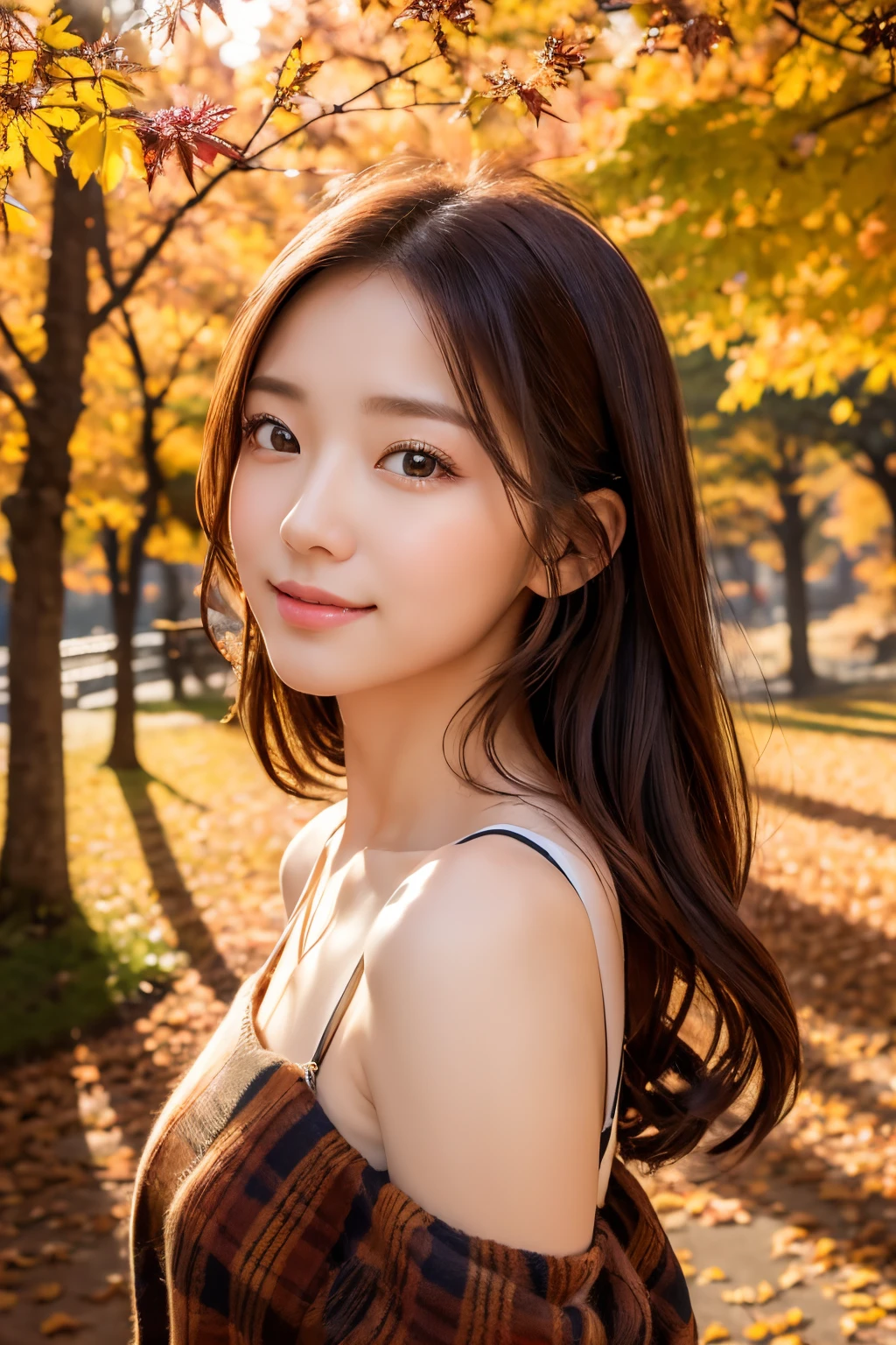 （top-quality、8K、32K、​masterpiece,)beautiful woman、cute little、Autumn scenery、Capturing natural expressions