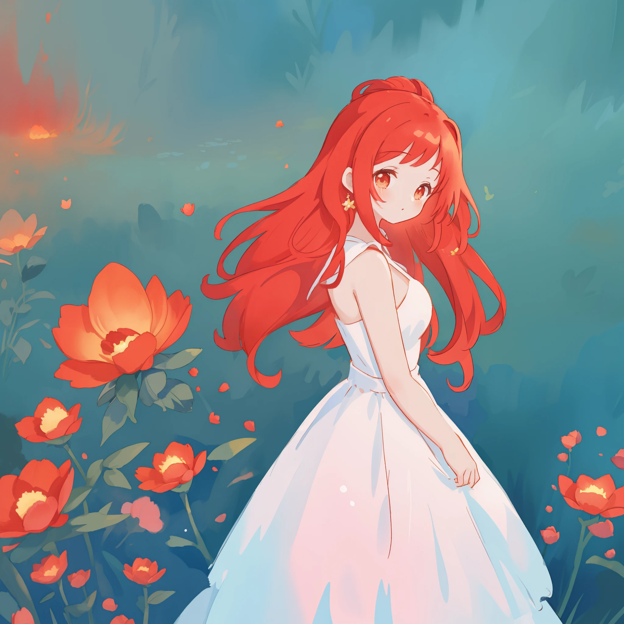 beautiful girl in puffy layered ballgown, puffy layered tutu skirt, long flowing red hair, colorful fantasia background, watercolor illustration, glowing aura around her, glowing flowing hair, fantasia otherworldly landscape, otherworldly beautiful red flowers, fantasia meadow background, beautiful, masterpiece, best quality, sharp focus, intricate details, highly detailed, 8k resolution, high resolution, fine detail, golden ratio, perfect composition, perfection, intricate dress details