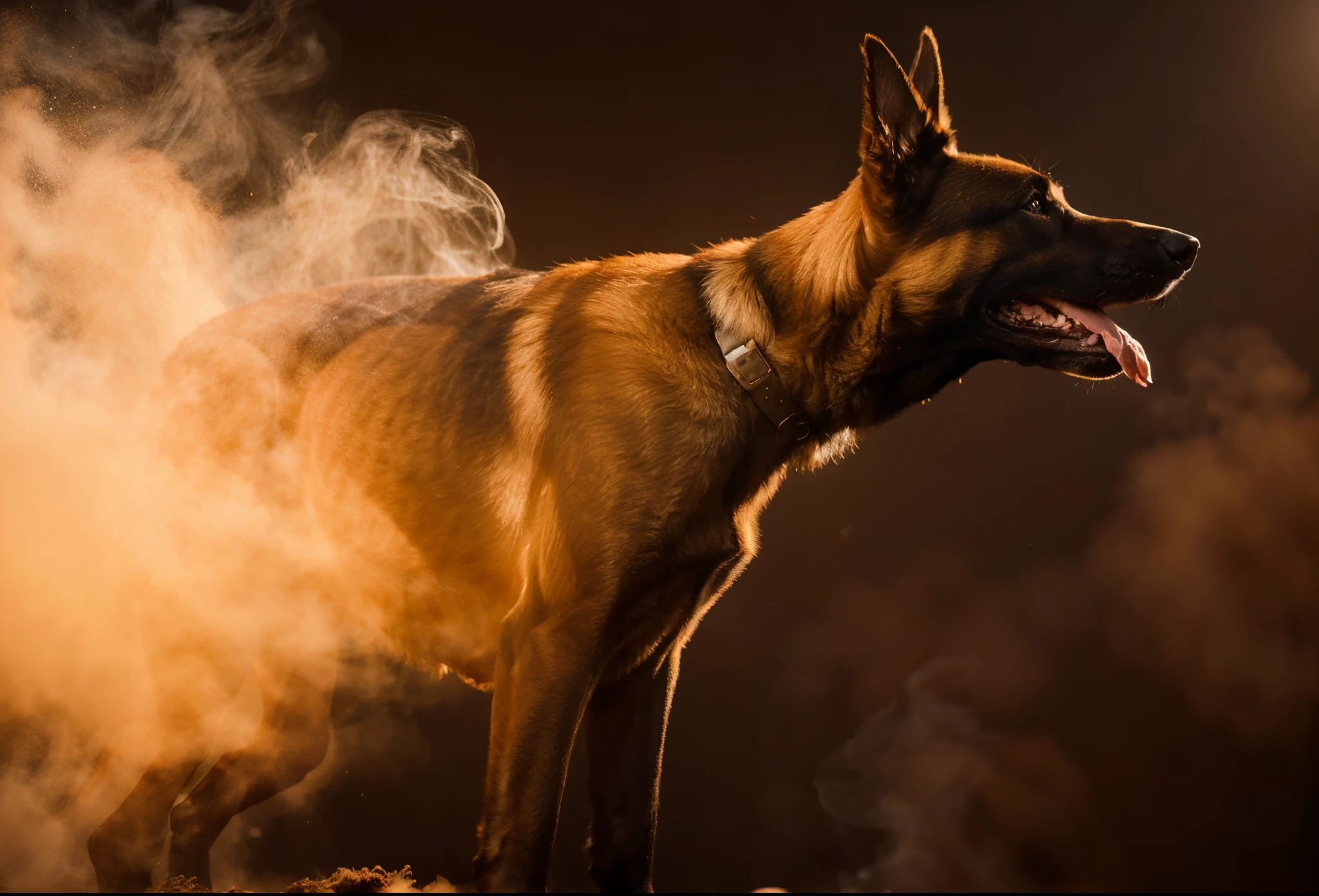 put a black Belgian Malinois in the photo with smoke behind it. Make it as realistic as possible. Use high-quality editing software to blend the dog into the background seamlessly. Ensure that the lighting and shadows on the dog match the lighting and shadows in the background. Pay attention to the details such as fur texture, color, and the dog's pose to make the photo look authentic. Add subtle details like dust particles or debris in the air to make the smoke effect more convincing.