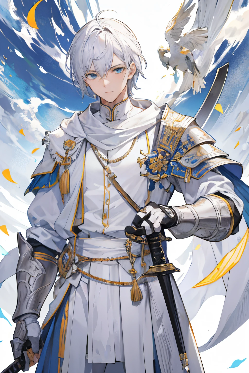 Homem usando um sobretudo branco e uma venda dourada, holding a sword in his right hand and a scale in his left hand, standingn, como juiz de um tribunal.