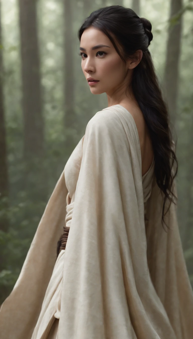 Concept art of a female human Jedi knight....,(asian)., Star Wars, slender body, Black hair blowing in the wind., Jedi robes and robes, white lines, high-detail, create panic, Star Wars concept art,