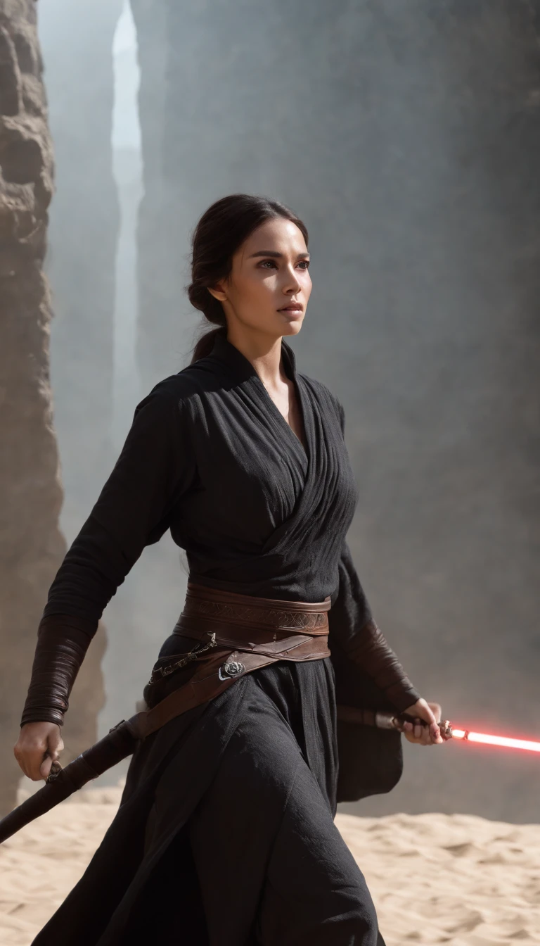 Concept art of a female human Jedi knight....,(asian)., Star Wars, slender body, Black hair blowing in the wind., Jedi robes and robes, white lines, high-detail, create panic, Star Wars concept art,
