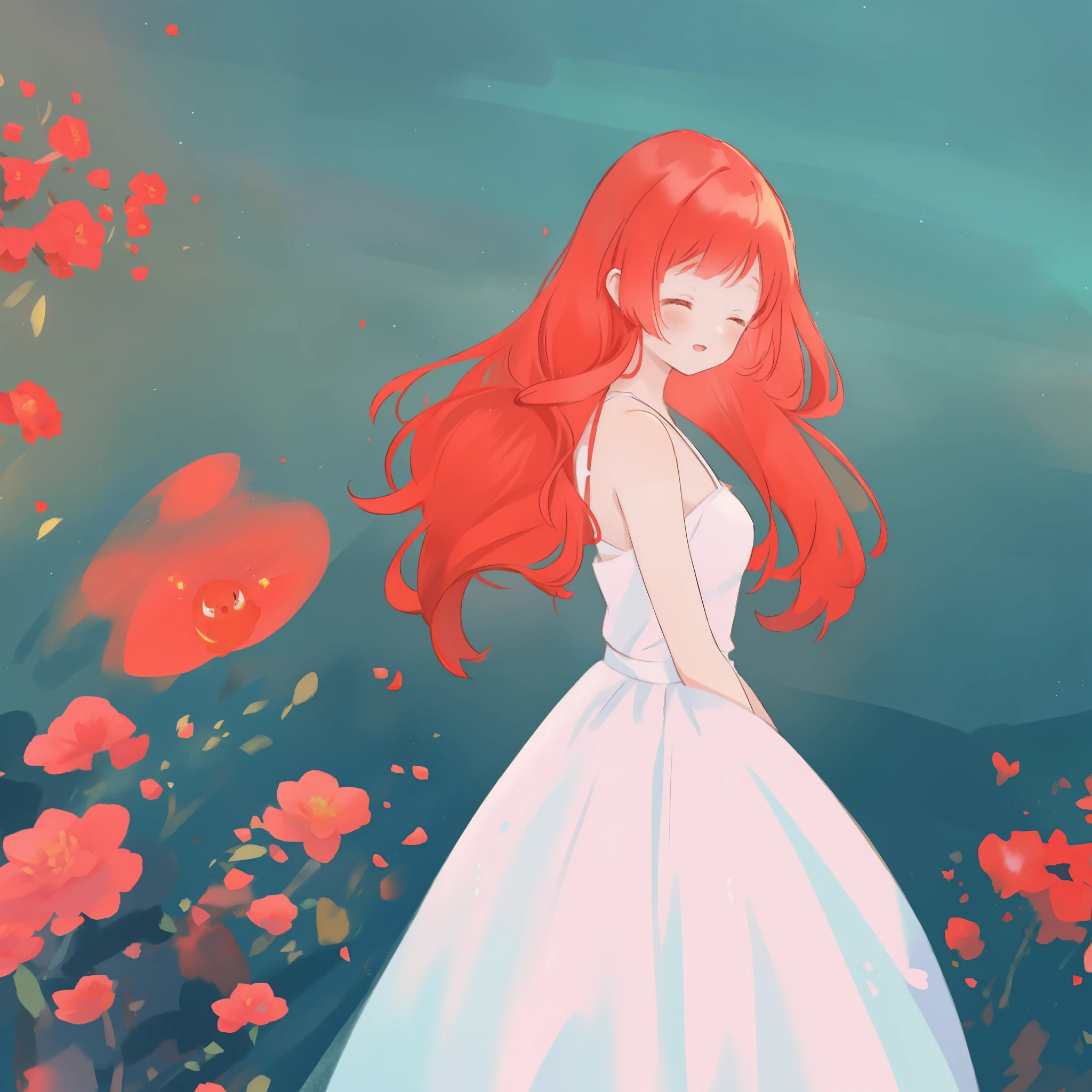 beautiful girl in puffy layered ballgown, puffy layered tutu skirt, long flowing red hair, colorful fantasia background, watercolor illustration, glowing aura around her, glowing flowing hair, fantasia otherworldly landscape, otherworldly beautiful red flowers, fantasia meadow background, beautiful, masterpiece, best quality, sharp focus, intricate details, highly detailed, 8k resolution, high resolution, fine detail, golden ratio, perfect composition, perfection, intricate dress details