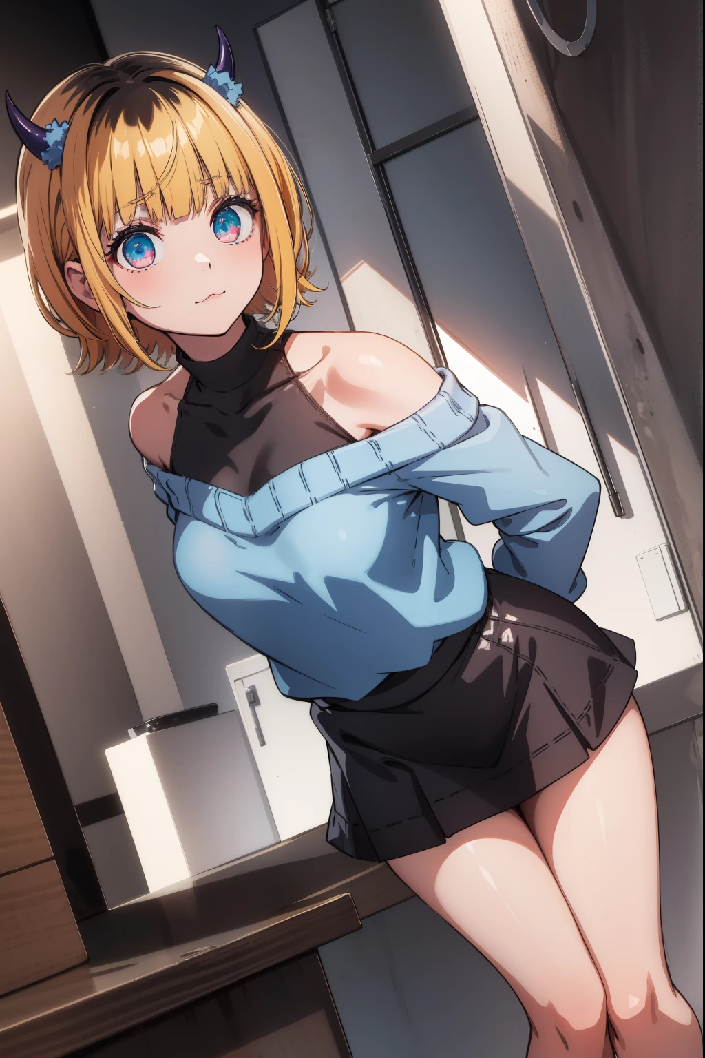 memcho, memcho, blonde hair, blue eyes, blunt bangs, demon horns, fake horns, horns, short hair,
BREAK bare shoulders, black skirt, (blue sweater:1.5), long sleeves, off shoulder, off-shoulder sweater, puffy sleeves, skirt, sweater, white ribbon,
BREAK looking at viewer,standing, leaning forward, (arms behind back:1.2),
BREAK indoors,
BREAK (masterpiece:1.2), best quality, high resolution, unity 8k wallpaper, (illustration:0.8), (beautiful detailed eyes:1.6), extremely detailed face, perfect lighting, extremely detailed CG, (perfect hands, perfect anatomy),