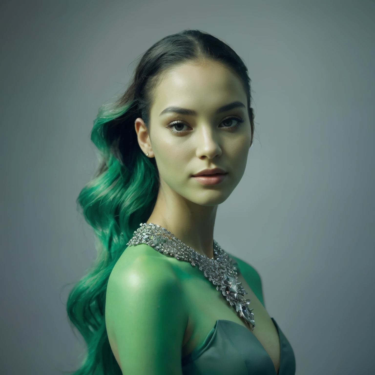 ((Masterpiece of a RAW photo, meticulously crafted with a photo-realistic finish: 1.2, Every detail exquisitely rendered, from the subject's smart look to the intricacies of her green hair and realistically textured skin: 1.2, Perfect focus on every detail, ensuring the beauty of her eyes is captured in its entirety: 1.2, Her eyes, intricately detailed, boasting perfect shapes and colors: 1.2, The rest of her detailed body, showcasing perfect body details and an invitingly perfect mouth with detailed lips: 1.2, Solo woman, standing alone in the frame, exuding confidence: