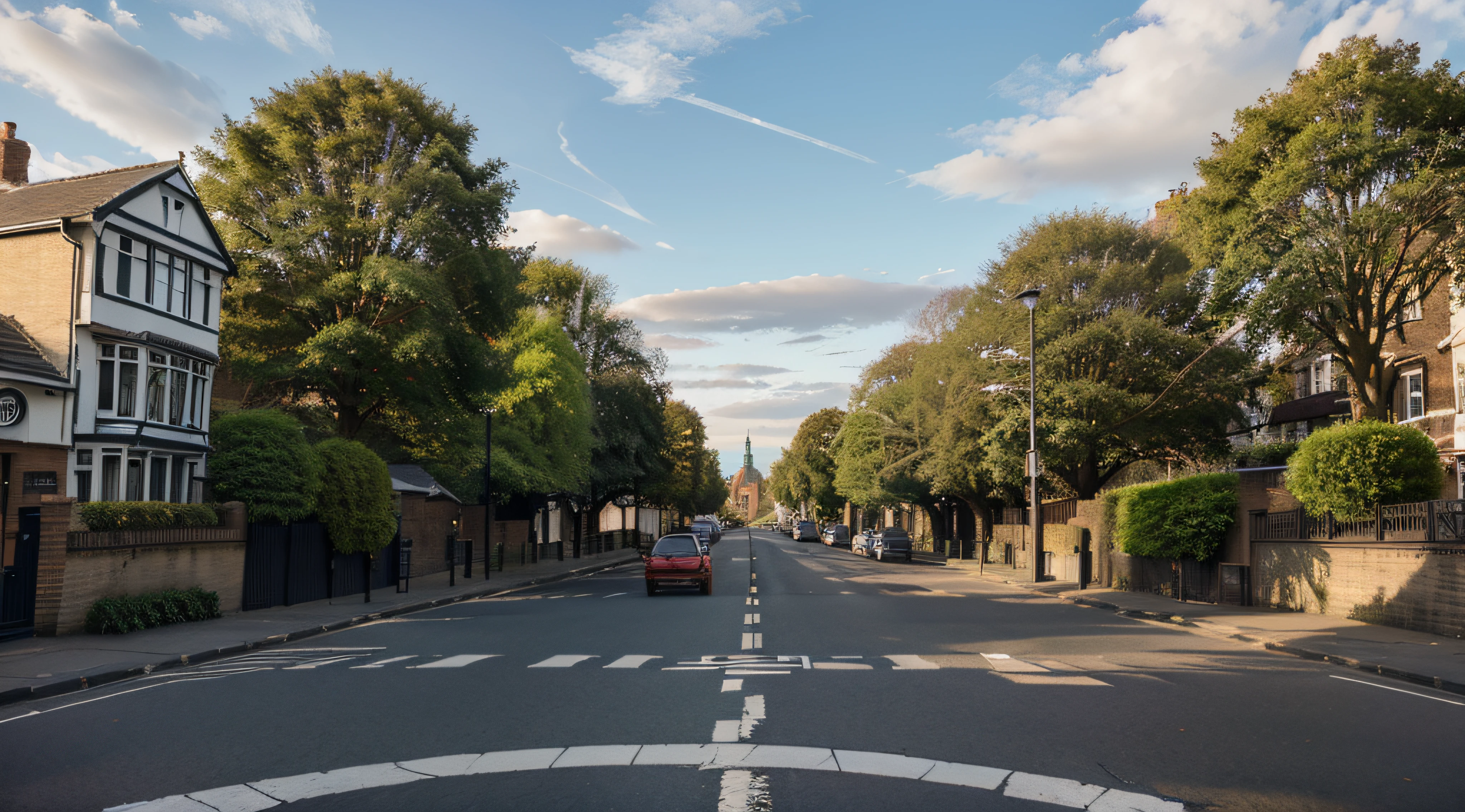 size1920pixel*1080pixel,Abbey Road, a quiet residential street in England with sparse rows of low-leafed street trees on both sides of a one-lane, two-sided street. A red double-decker bus can be seen in the distance. It is a clear day, and the surrounding buildings are distinctive Victorian-style architecture with red brick facades and white trim windows. In the foreground is a crosswalk with white stripes drawn on the asphalt. To the left is a sign reading "ABBEY HOUSE," and small, leafless trees suggest early spring or late fall. The street is empty of people and has a peaceful atmosphere.