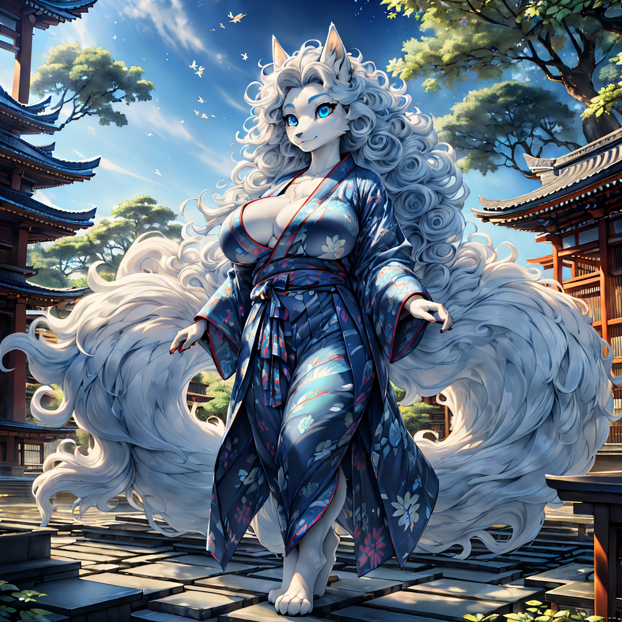 1girl (((Made by Complextree))), (Alolan Ninetales), ((solo)), ((big and firm breasts, antrum, extremely detailed, extremely detailed legs, extremely detailed arms, extremely detailed face, perfectly detailed eyes,perfectly detailed anatomy, Curly hair, Wearing  Yukata, Japanese Temple))