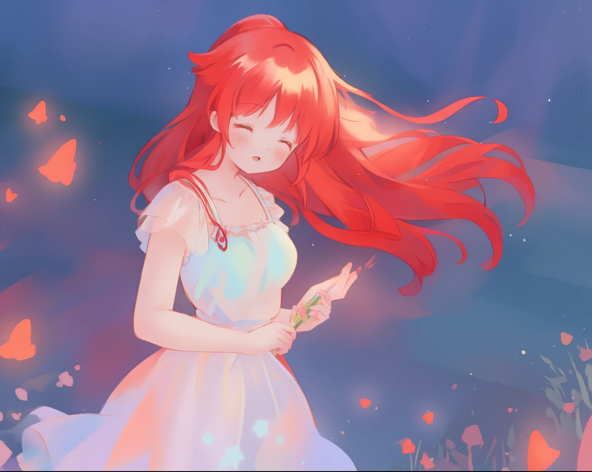 beautiful girl in puffy layered ballgown, puffy layered tutu skirt, long flowing red hair, colorful fantasia background, watercolor illustration, glowing aura around her, glowing flowing hair, fantasia otherworldly landscape, beautiful, masterpiece, best quality, sharp focus, intricate details, highly detailed, 8k resolution, high resolution, fine detail, golden ratio, perfect composition, perfection, intricate dress details