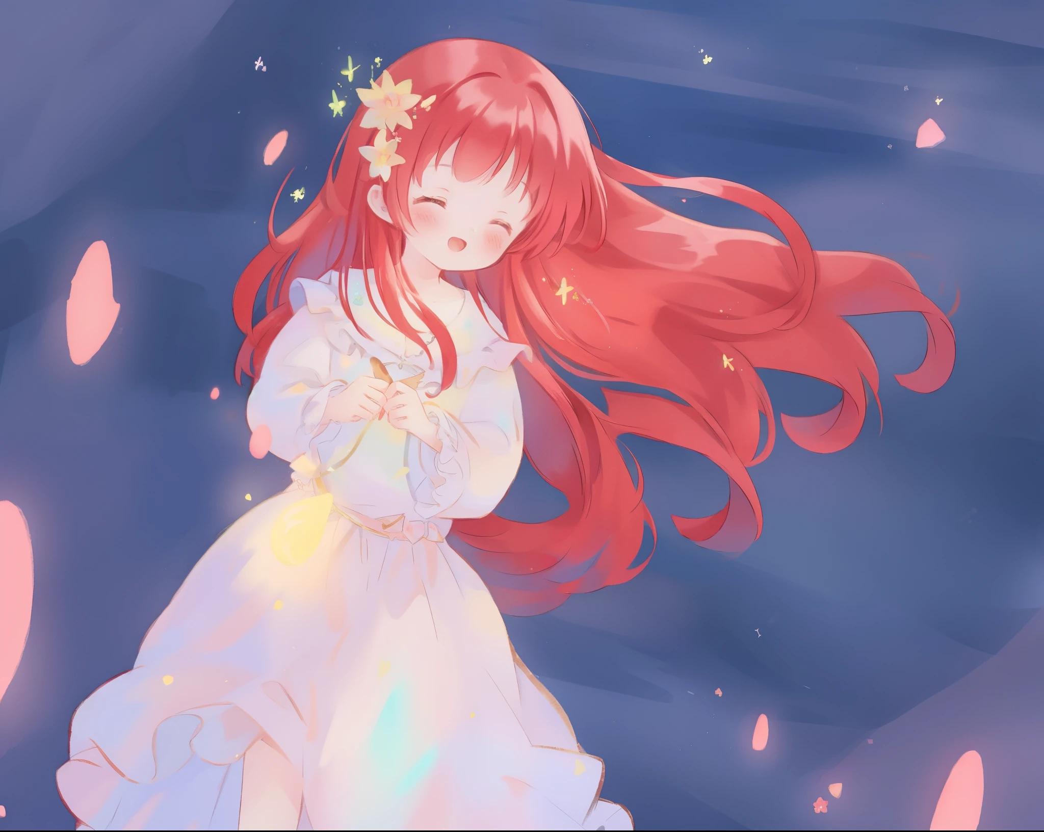 beautiful girl in puffy layered ballgown, puffy layered tutu skirt, long flowing red hair, colorful fantasia background, watercolor illustration, glowing aura around her, glowing flowing hair, fantasia otherworldly landscape, beautiful, masterpiece, best quality, sharp focus, intricate details, highly detailed, 8k resolution, high resolution, fine detail, golden ratio, perfect composition, perfection, intricate dress details