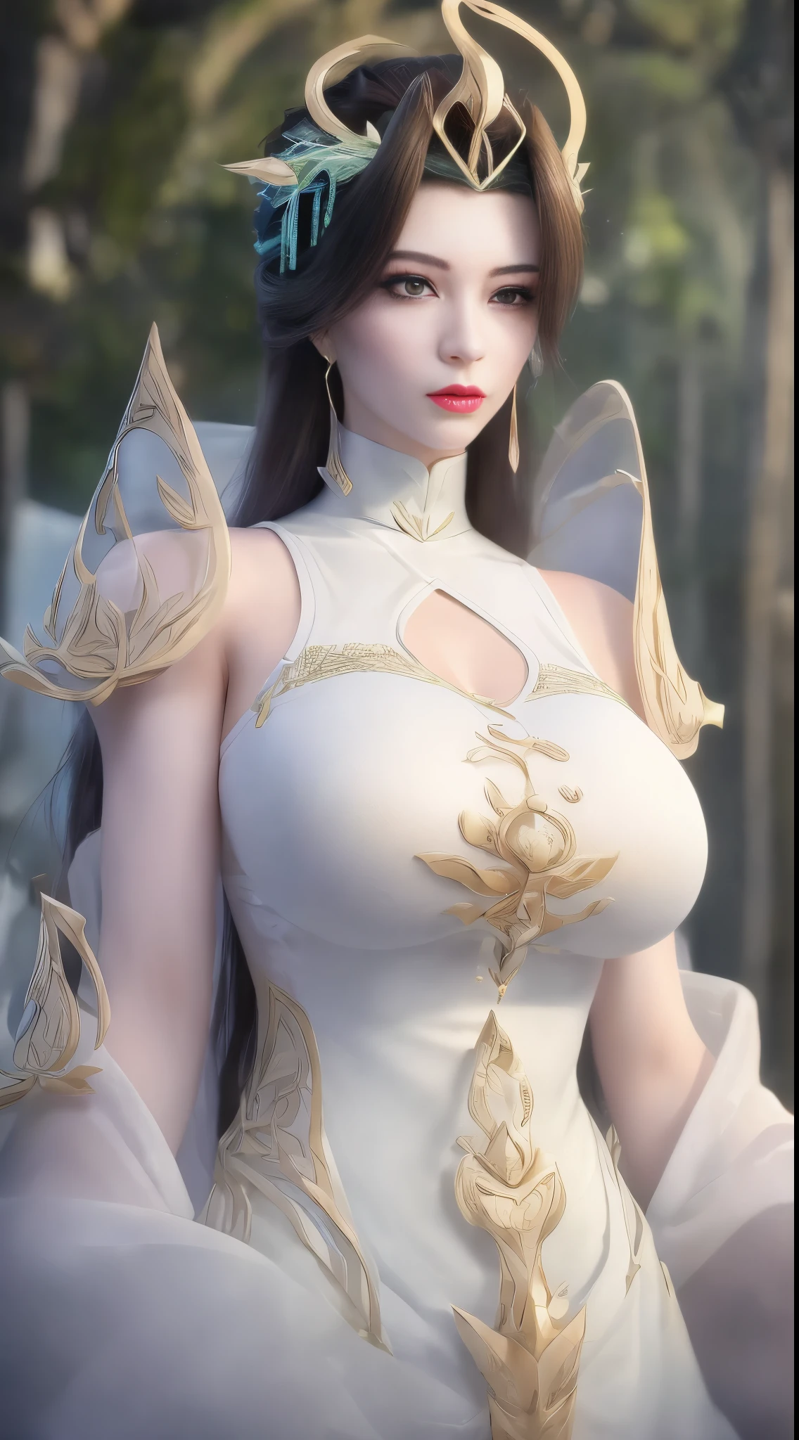 Ultra-realistic 8k CG, flawless perfection, Clean, tmasterpiece, professionalartwork, famousartwork, 电影灯光, cinematicbloom, s the perfect face, pretty  face, fanciful, It's like a dream, Unreal Engine5, scientific fiction,   Lace, Lace edges, Lace-trimmed tights, Luxury, jewely, diamond, kinako, pearls, Pedras preciosas, sapphires, Red Jewel, Cui, Complicated details, delicate patterns, big breasts enchanting, Tempting, Tempting, pornographic, enchanting, hair adornments, choker necklace, 耳Nipple Ring, bangle, armlets,The halo,autumnal.
((,1个Giant Breast Girl, Perspectives,Best quality at best,))  ,((((,1个Giant Breast Girl,  Alone, huge fake breasts:1.5, Armor dress, A half body,  looking at viewert, Permanent))))