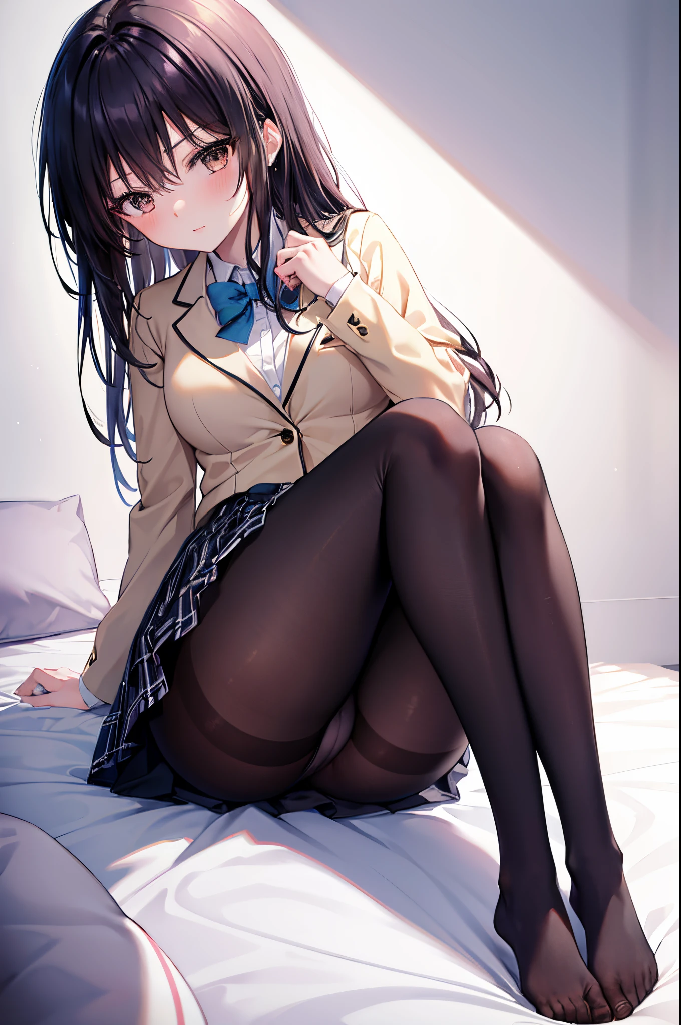 Yui Kotegawa, An 18-year-old Japanese girl with a mature and slender figure, slightly disheveled hair, full body portrait from head to toe, red face, shy expression, composition from the front, composition from slightly below, front view Sitting face to face, legs spread in an M-shape, black pantyhose, (black pantyhose): 1.2), white panties visible, small breasts, white panties visible, no shoes, Bedroom, inside the room, daytime, looking at the viewer, panties, frontal composition, looking at the viewer, slender legs, slender thighs, slim toes touching the floor, soles of the toes A short pleated skirt with a plaid pattern, posing with her hands hidden behind her back, blazer high school uniform, high school girl