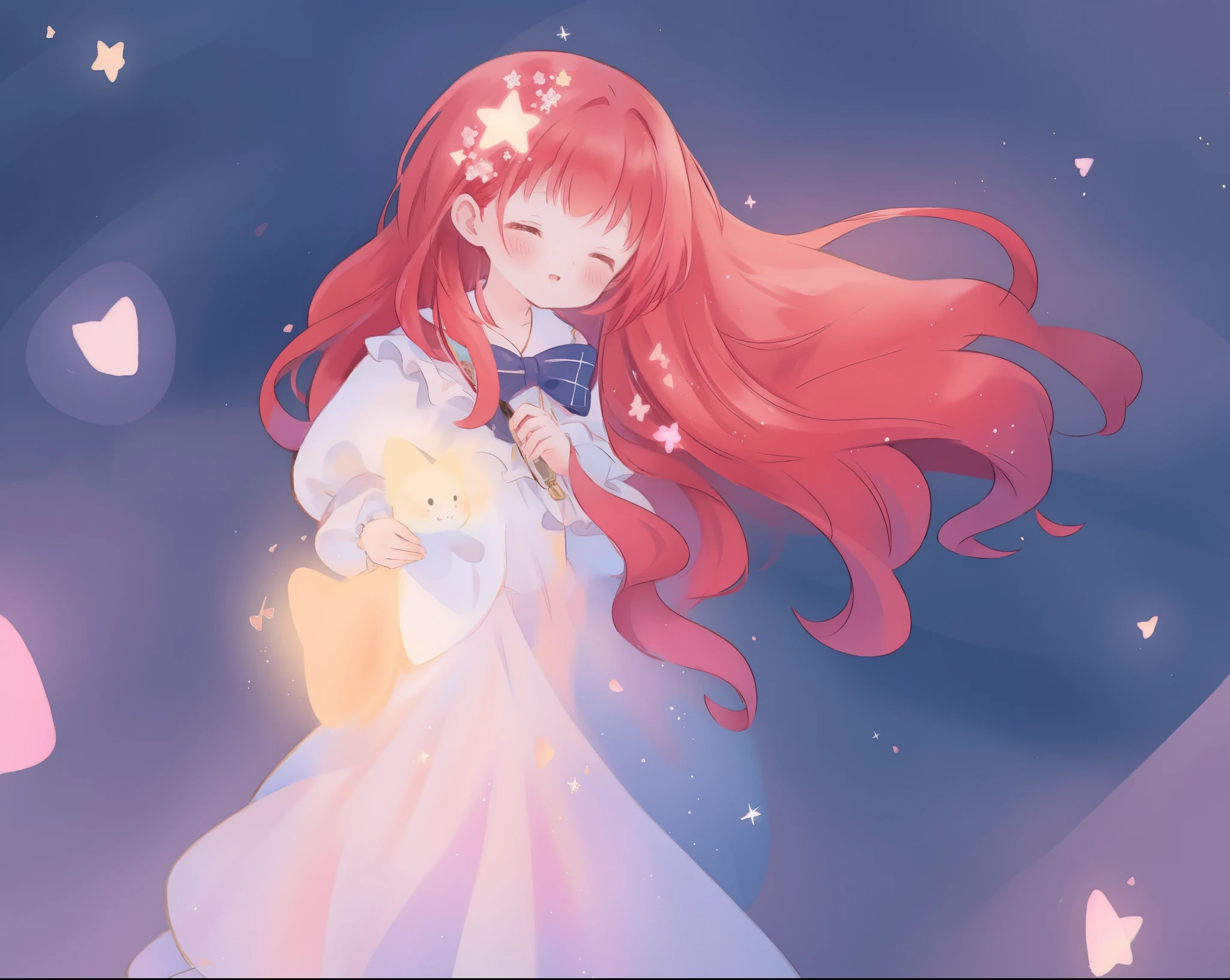beautiful girl in puffy layered ballgown, puffy layered tutu skirt, long flowing red hair, colorful fantasia background, watercolor illustration, glowing aura around her, glowing flowing hair, fantasia otherworldly landscape, beautiful, masterpiece, best quality, sharp focus, intricate details, highly detailed, 8k resolution, high resolution, fine detail, golden ratio, perfect composition, perfection, intricate dress details