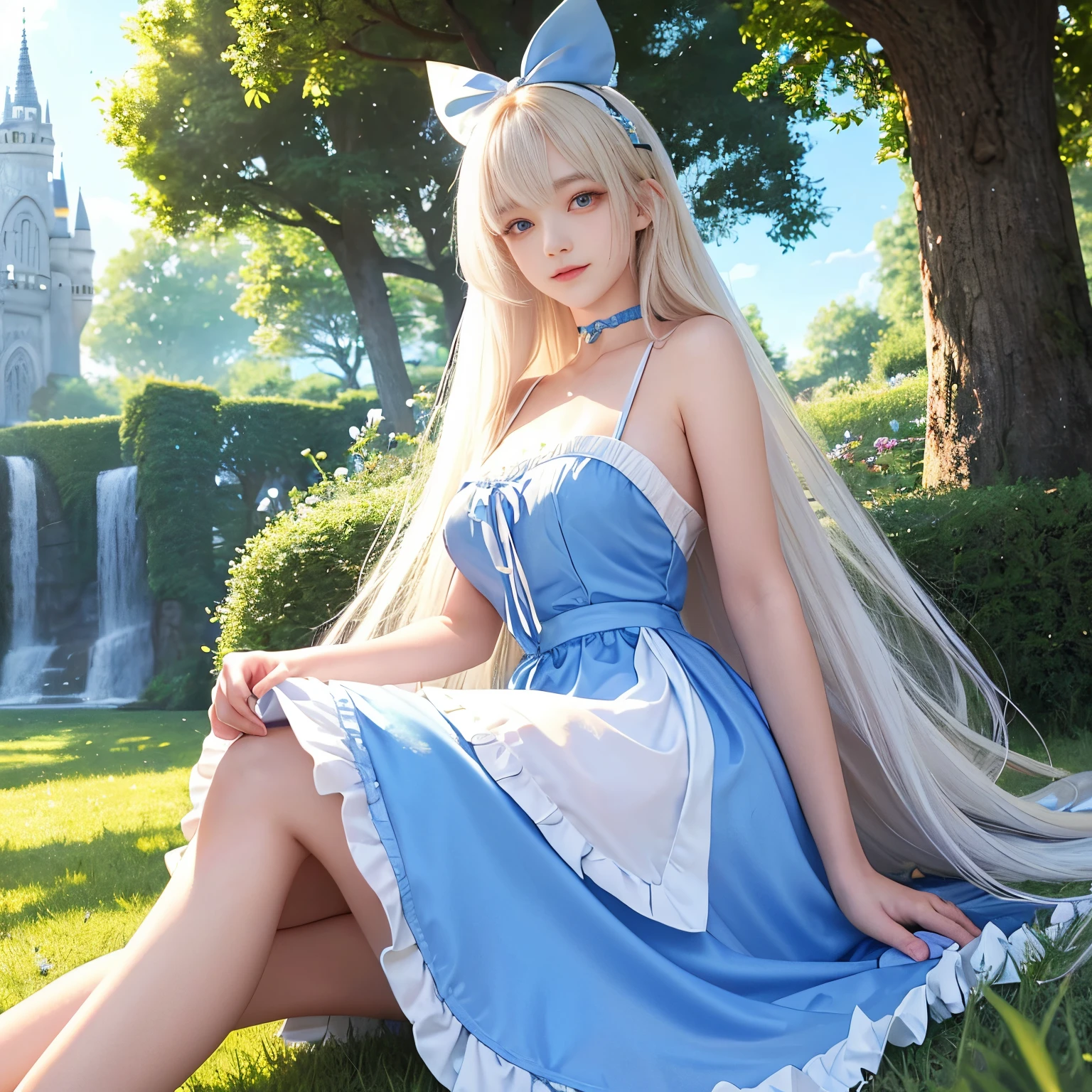 (Alice in Wonderland)、​masterpiece、Ultra-realistic、Top image quality、Ultra-realistic、超A high resolution、8k photo、the ultimate beauty、Bright photo, the most beautiful and cutest girl in the world、A detailed face、Shiny white silky skin、alice in the wonderland、1beautiful girl、Beautiful bangs、Silky shiny platinum blonde super long straight hair、Beautiful, Clear, big lapis lazuli eyes、Big Beautiful Breasts、Lovely smile、White Apron、a blue dress、blue dress with open neckline、Big ribbon hair ornament、a choker、In the English garden、Sitting on the lawn、Comfortable、blown by the wind、Super long straight hair fluttering in the wind、