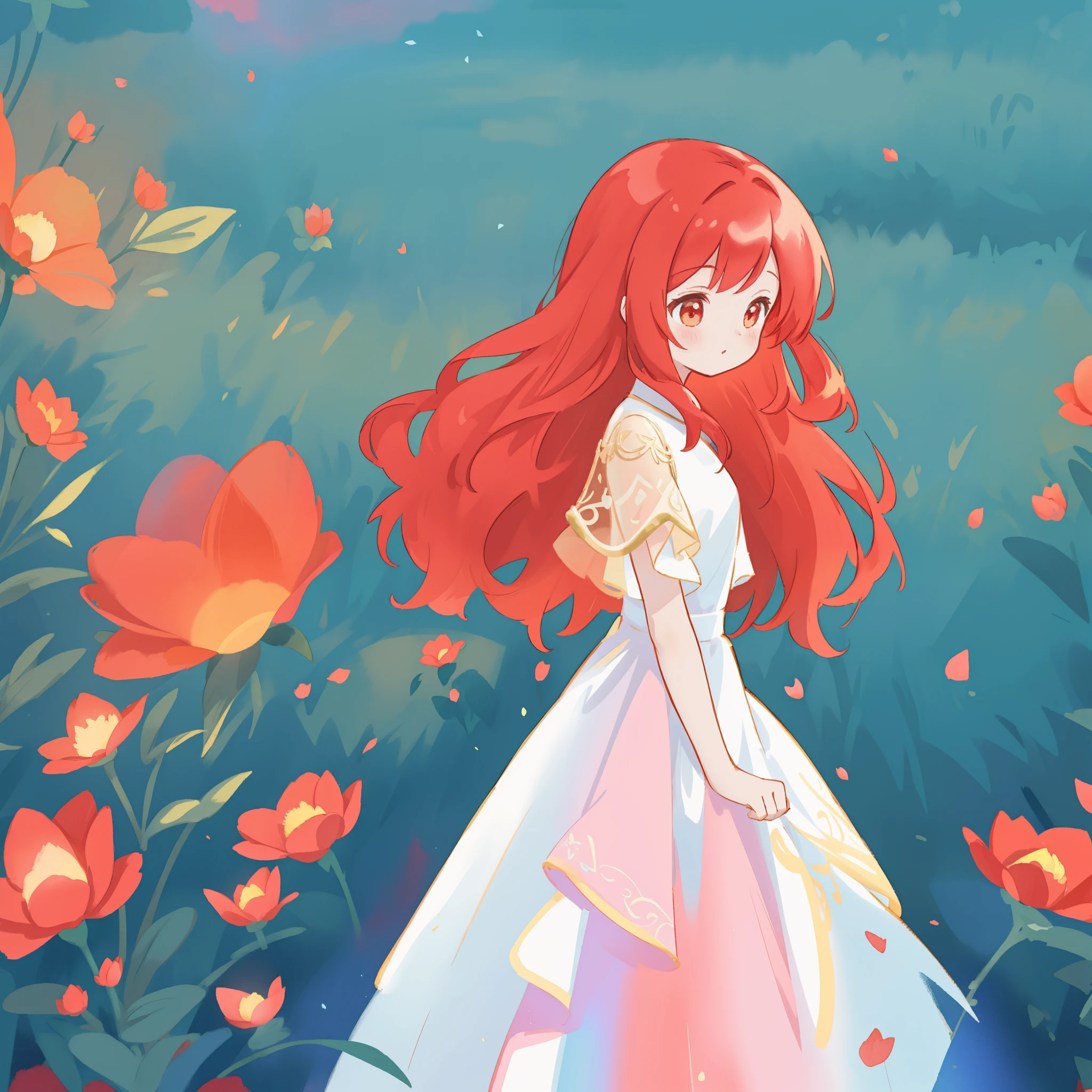 beautiful girl in puffy layered ballgown, puffy layered tutu skirt, long flowing red hair, colorful fantasia background, watercolor illustration, glowing aura around her, glowing flowing hair, fantasia otherworldly landscape, otherworldly beautiful red flowers, fantasia meadow background, beautiful, masterpiece, best quality, sharp focus, intricate details, highly detailed, 8k resolution, high resolution, fine detail, golden ratio, perfect composition, perfection, intricate dress details