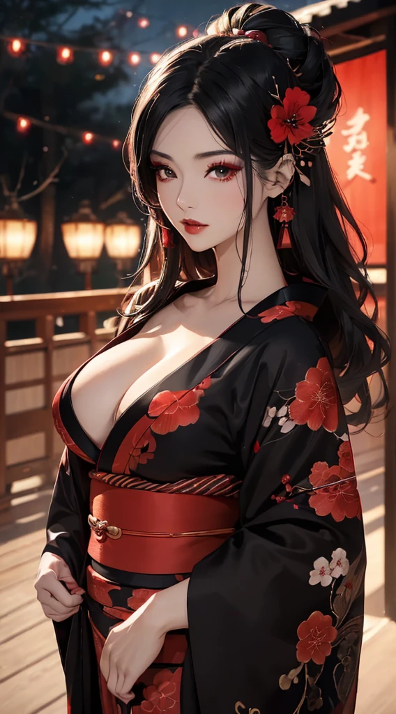 (((8k wallpaper of extremely detailed CG unit, ​masterpiece, 超A high resolution:1.2, top-quality:1.2, masutepiece))), ((extremely beautiful lady, extremely detailed beautiful face, Highly detailed black eyes, Very beautiful body, Top quality real texture skins, A dark-haired, de pele branca, Fancy makeup, Red Eye Shadow, Sexy black and red kimono, is standing)), (Exposed cleavage, Exposed legs), paper lanterns:1.2, Plum Blossom, over the shoulder perspective, hyper realisitic, digitial painting,