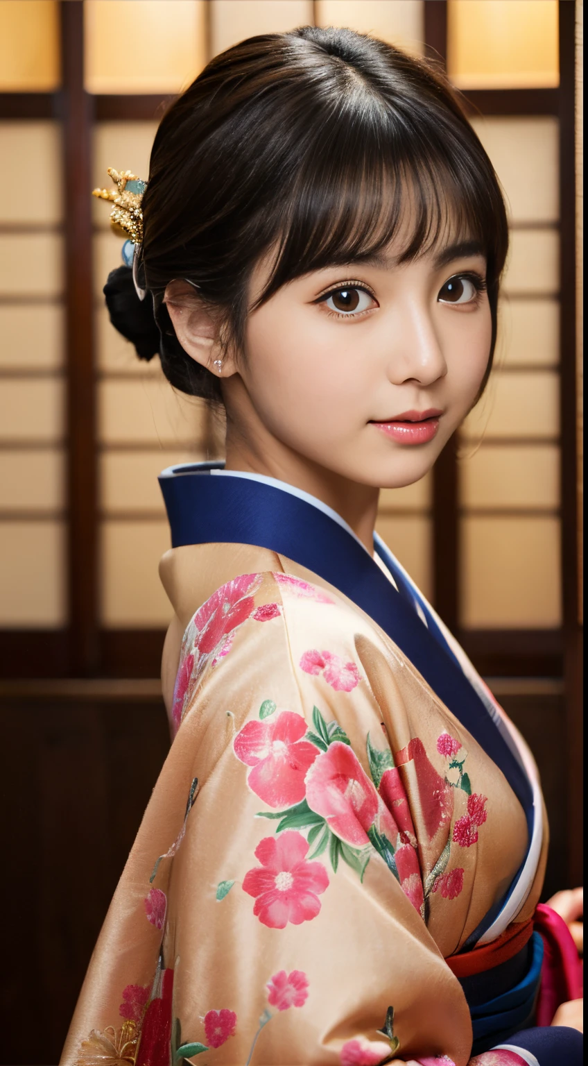 Best-quality, Masterpiece, Ultra-High-Resolution, (Photorealistic:1.4), Raw-Photo, Extremely-Details, Perfect-Anatomy, 1girl, 18-years-old, the most famous Japanese actress, cowboy-shot, upturned hip, looking at viewer, in Japanese-style room, wearing colorful luxurious KIMONO, detailed extremely cute face like a most popular Japanese actress, detailed extremely beautiful big black solid circle eyes, detailed extremely beautiful black short-cut-haired, detailed luxurious KIMONO, detailed Japanese-style room, detailed extremely beautiful realistic skins, detailed extremely beautiful hip line