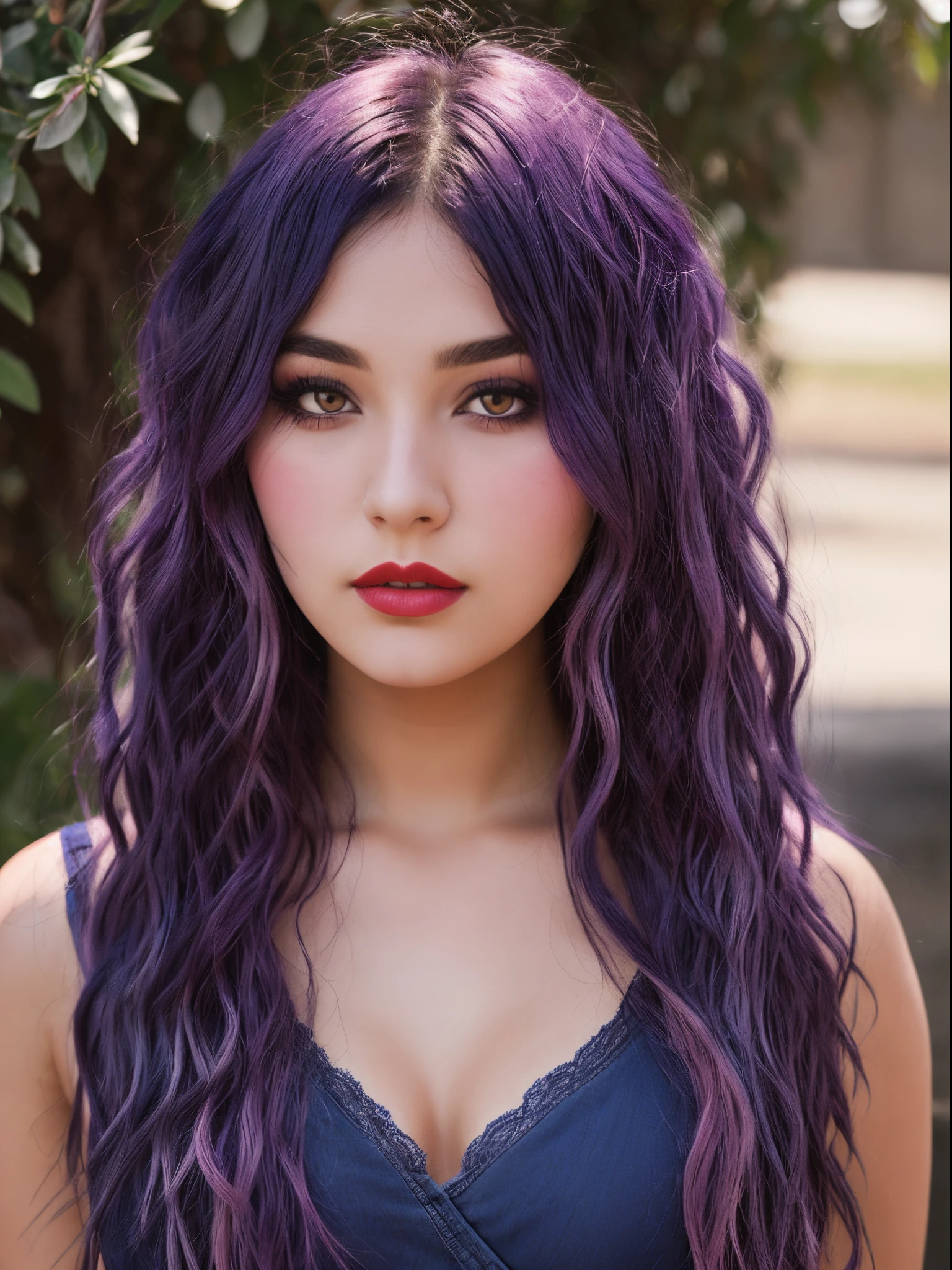 Zee zatara a beautiful, fair-skinned teenage girl with a curvy, hourglass body, with violet eyes, long light indigo hair with straight bangs and lavender streaks, and dons light pink blush, dark-maroon red lipstick, and thick mascara