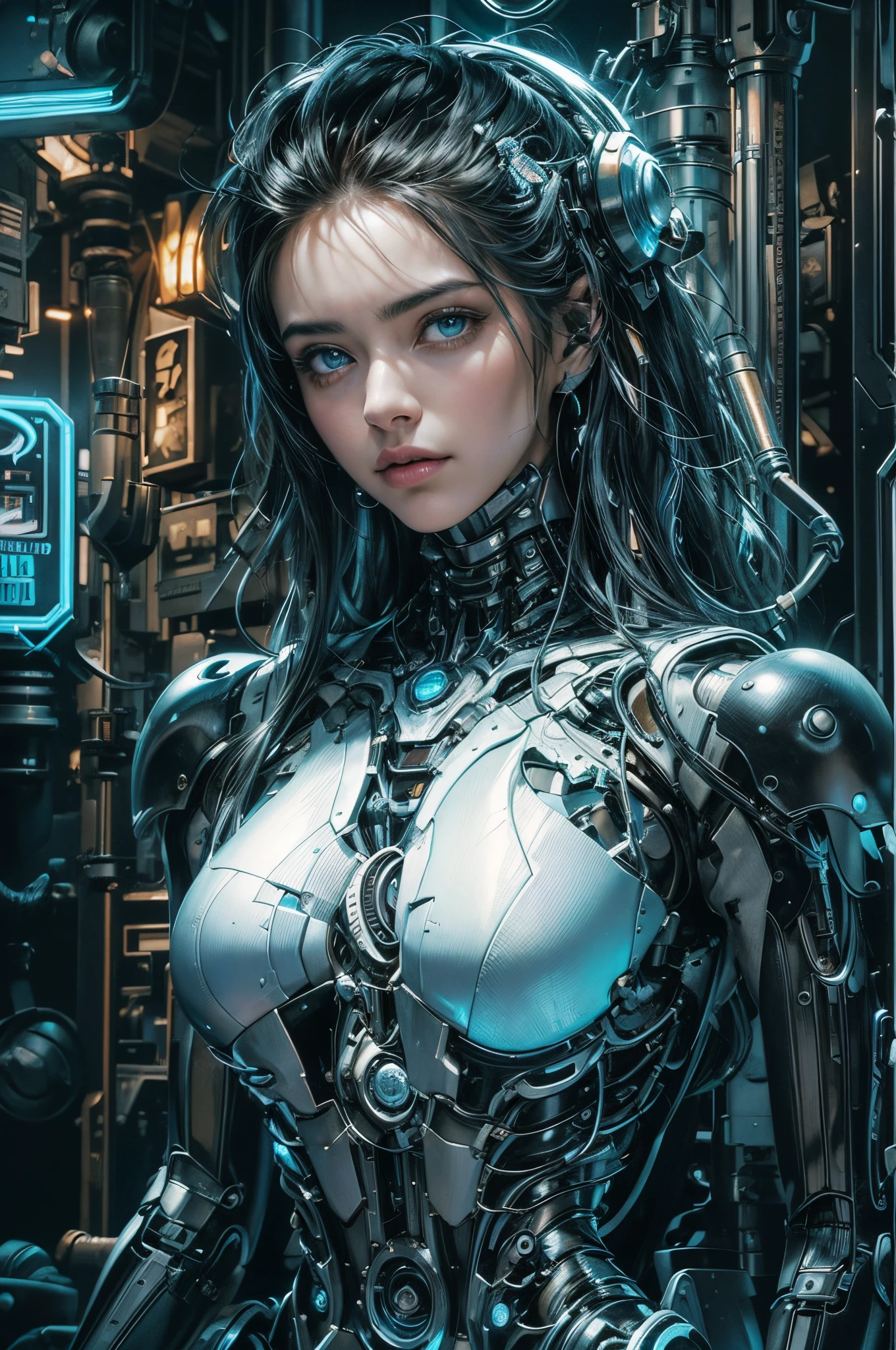 motor irreal:1.4,UHD,La mejor calidad:1.4, fotorrealista:1.4, textura de la piel:1.4, obra maestra:1.8,A mechanical girl of the future,Metal reluciente,Brilliant robotic movements,ethereal,futuristic tech,Inteligencia artificial avanzada,Cityscape illuminated with neon lights,Metal exoskeleton,rasgos faciales altamente detallados,brillantes ojos LED,Meticulously crafted faux leather,Moda futurista extravagante,flotando sobre el suelo,Explorando el paisaje urbano,futuristic tech,Exquisite craftsmanship,Metal limbs with intricate designs,Seamless integration of humans and machines,surrealista,Otherworldly atmosphere,Utopian cityscape in the backdrop,Armamento avanzado integrado en su cuerpo,emitiendo un brillo suave y vibrante,Mirada expresiva y cautivadora,Fuerza sobrehumana y agilidad,Adoptar una postura de confianza y poder,High-resolution portrait with vibrant colors and intricate details,impresionante,Impresionantes obras de arte. (La mejor calidad,4k,8k,Altas Resoluciones,Obra maestra:1.2),Ultra detallado,(realista,fotorrealista,fotorrealista:1.37),HDR,UHD,Studio lighting,Pintura ultrafina,foco nítido,physically based representation,extreme detail description,profesional,vivid colors,Bokeh,Retratos,Artistas conceptuales