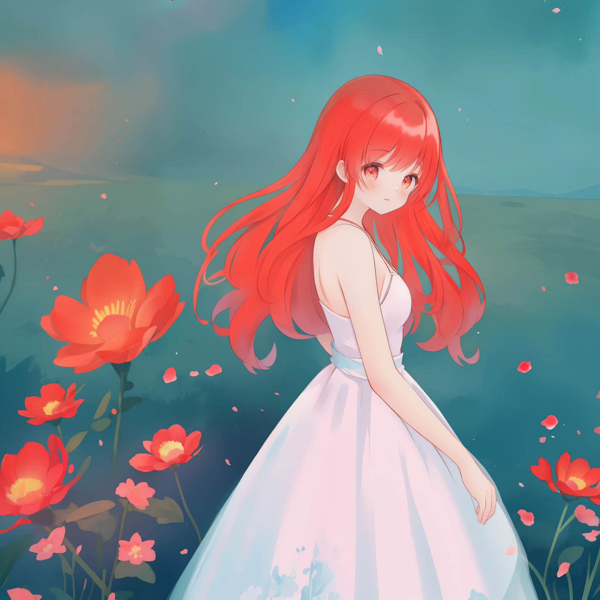 beautiful girl in puffy layered ballgown, puffy layered tutu skirt, long flowing red hair, colorful fantasia background, watercolor illustration, glowing aura around her, glowing flowing hair, fantasia otherworldly landscape, otherworldly beautiful red flowers, fantasia meadow background, beautiful, masterpiece, best quality, sharp focus, intricate details, highly detailed, 8k resolution, high resolution, fine detail, golden ratio, perfect composition, perfection, intricate dress details