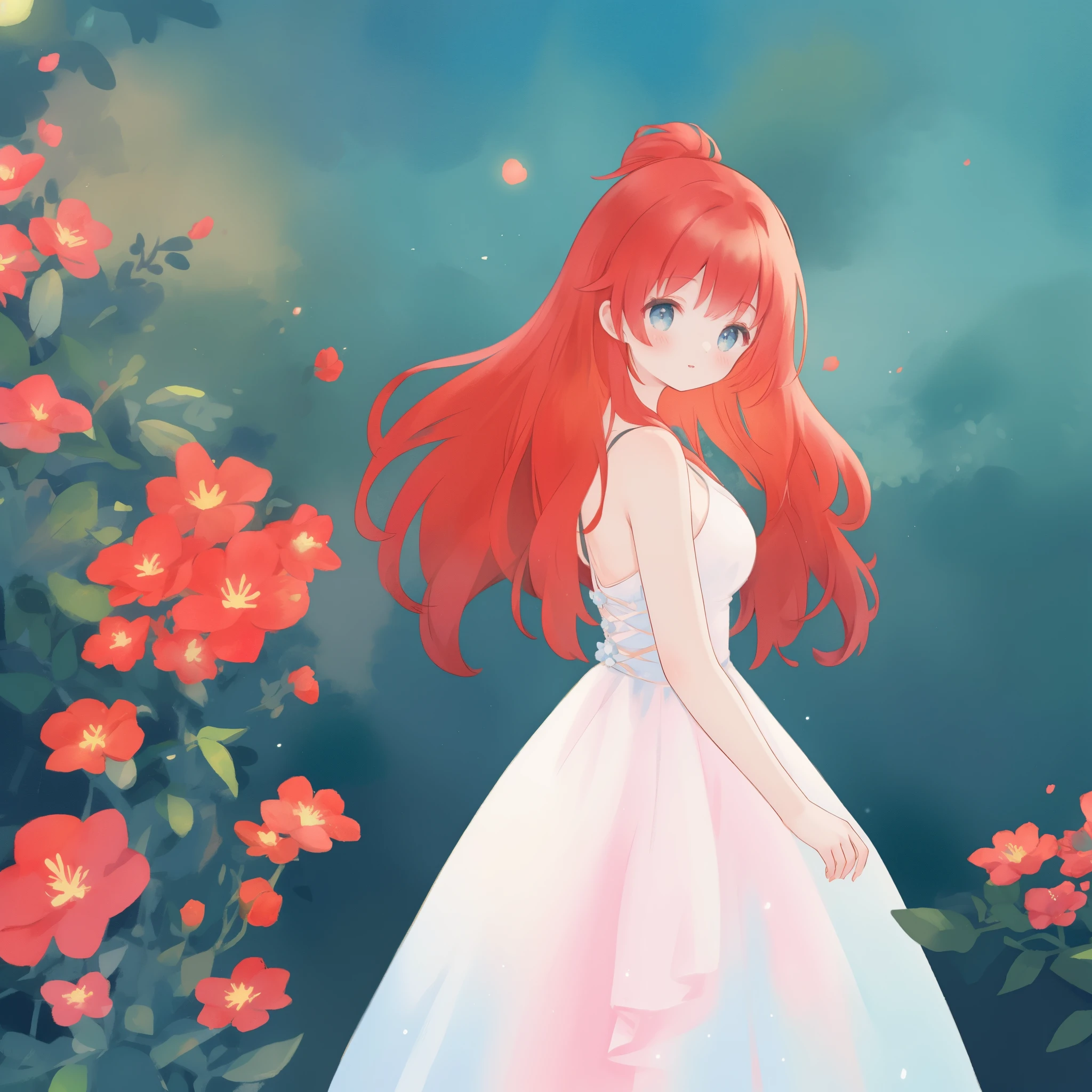 beautiful girl in puffy layered ballgown, puffy layered tutu skirt, long flowing red hair, colorful fantasia background, watercolor illustration, glowing aura around her, glowing flowing hair, fantasia otherworldly landscape, otherworldly beautiful red flowers, fantasia meadow background, beautiful, masterpiece, best quality, sharp focus, intricate details, highly detailed, 8k resolution, high resolution, fine detail, golden ratio, perfect composition, perfection, intricate dress details