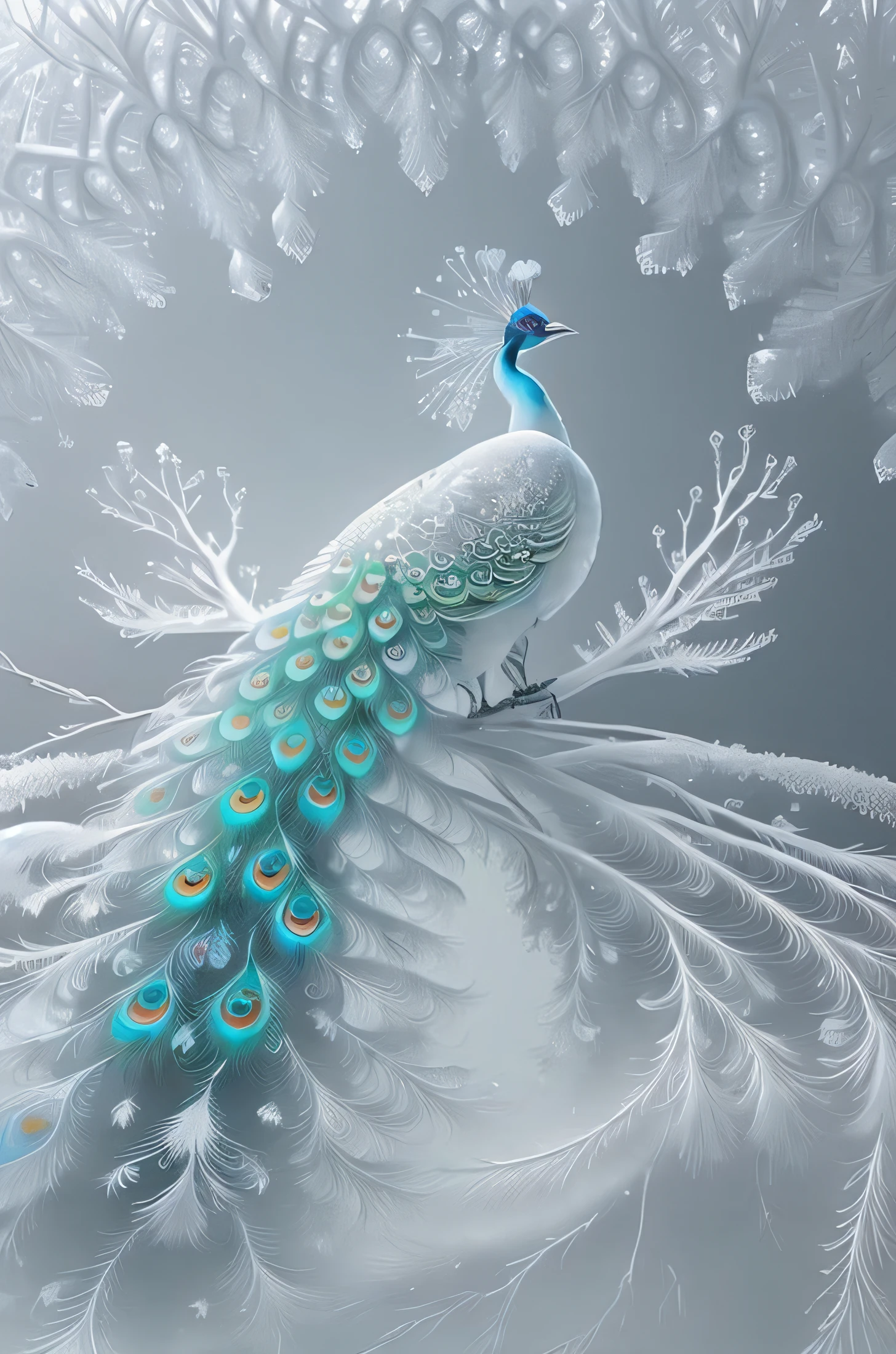 peacock sitting on a branch with feathers and frosty branches, beautiful digital art, beautiful digital artwork, beautiful and graceful, very beautiful digital art, breathtaking digital art, peacock, a painting of white silver, highly detailed digital art, beautiful gorgeous digital art, peacock. intricate, stunning digital art, gorgeous digital art, beautiful animal pearl queen