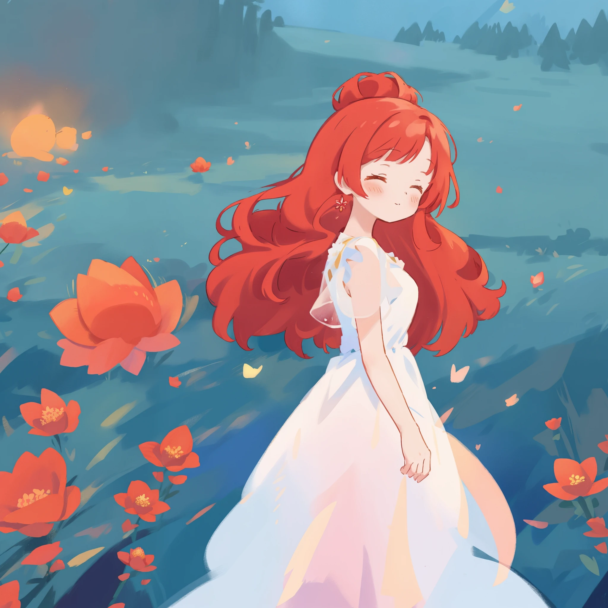 beautiful girl in puffy layered ballgown, puffy layered tutu skirt, long flowing red hair, colorful fantasia background, watercolor illustration, glowing aura around her, glowing flowing hair, fantasia otherworldly landscape, otherworldly beautiful red flowers, fantasia meadow background, beautiful, masterpiece, best quality, sharp focus, intricate details, highly detailed, 8k resolution, high resolution, fine detail, golden ratio, perfect composition, perfection, intricate dress details
