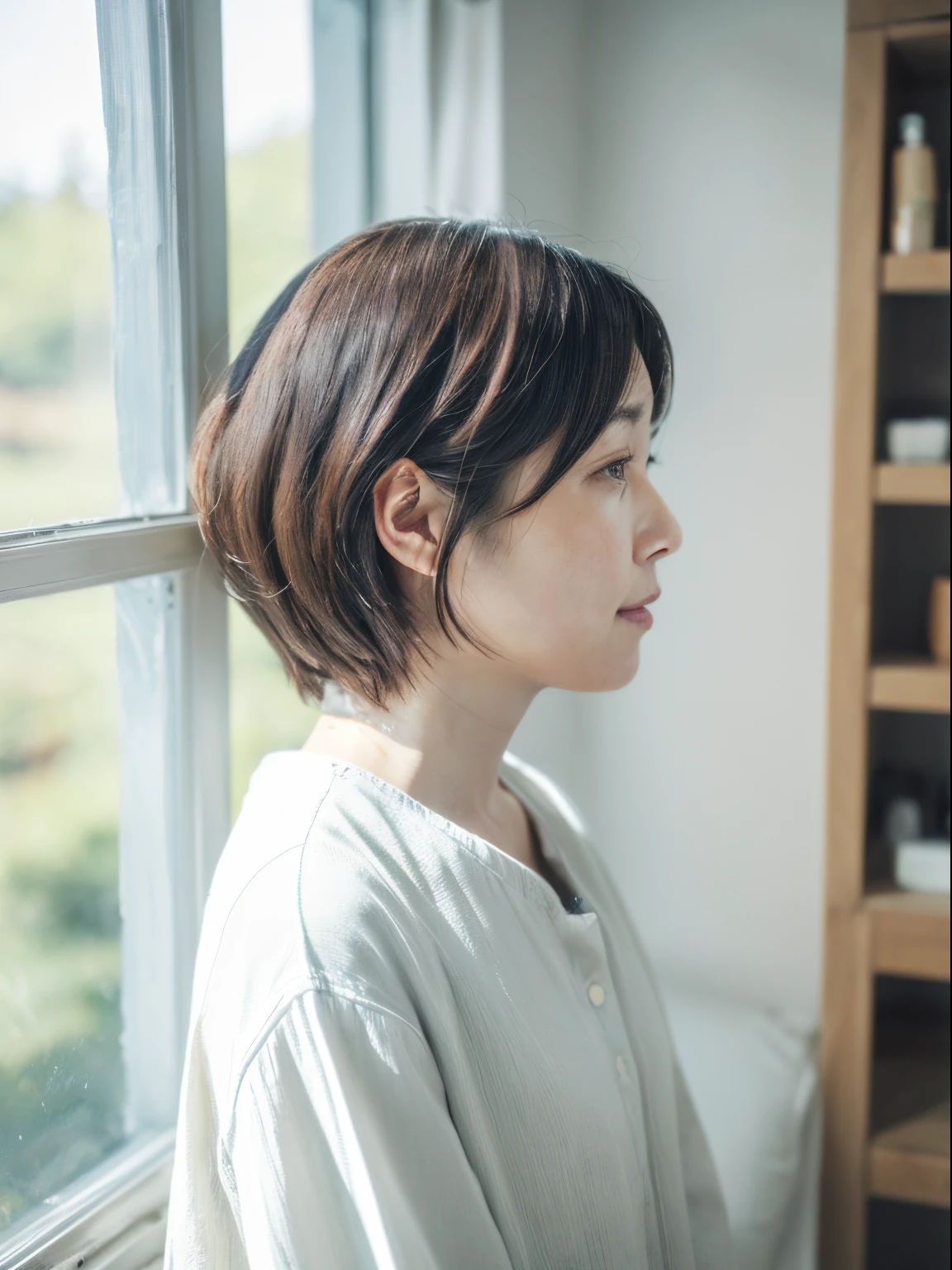8K、（RAW Photography）、（top-quality）、（Photorealsitic：1.4）Realistic to the touch Realistic、(4K high image quality:1.2)、(High resolution, masutepiece, of the highest quality, high detailing, Official: 1.4), (Realistic: 1.2, hyper realisitic: 1.1, Photorealistic: 1.37), depth of fields, (Detailed description of hair), (Detailed description of face), Incomparable beauty,, (35 years old,: 1.4)、Autumn clothes、Autumn clothes、A little depressed、(white wall room with window、Shot in a beauty salon)、natural soft light、short-hair、short shorthair、reallistic、high-level image quality、hiquality、profile、Various poses using hands、various hairstyles、profile、bob、short-cut