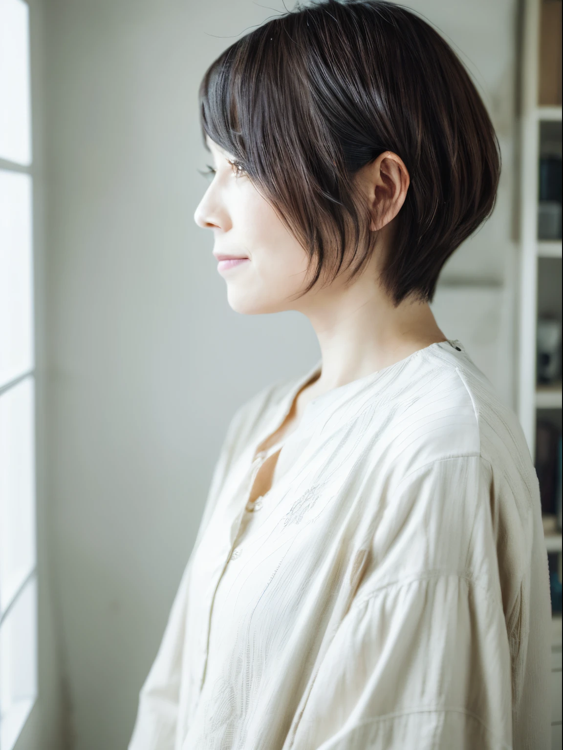 8K、(RAW Photography)、(top-quality)、(Photorealsitic:1.4)Realistic to the touch Realistic、(4K high image quality:1.2)、(High resolution, masutepiece, of the highest quality, high detailing, Official: 1.4), (Realistic: 1.2, hyper realisitic: 1.1, Photorealistic: 1.37), depth of fields, (Detailed description of hair), (Detailed description of face), Incomparable beauty,, (35 years old,: 1.4)、Autumn clothes、Autumn clothes、A little depressed、(white wall room with window、Shot in a beauty salon)、natural soft light、short-hair、short shorthair、reallistic、high-level image quality、hiquality、profile、Various poses using hands、various hairstyles、profile、bob、short-cut