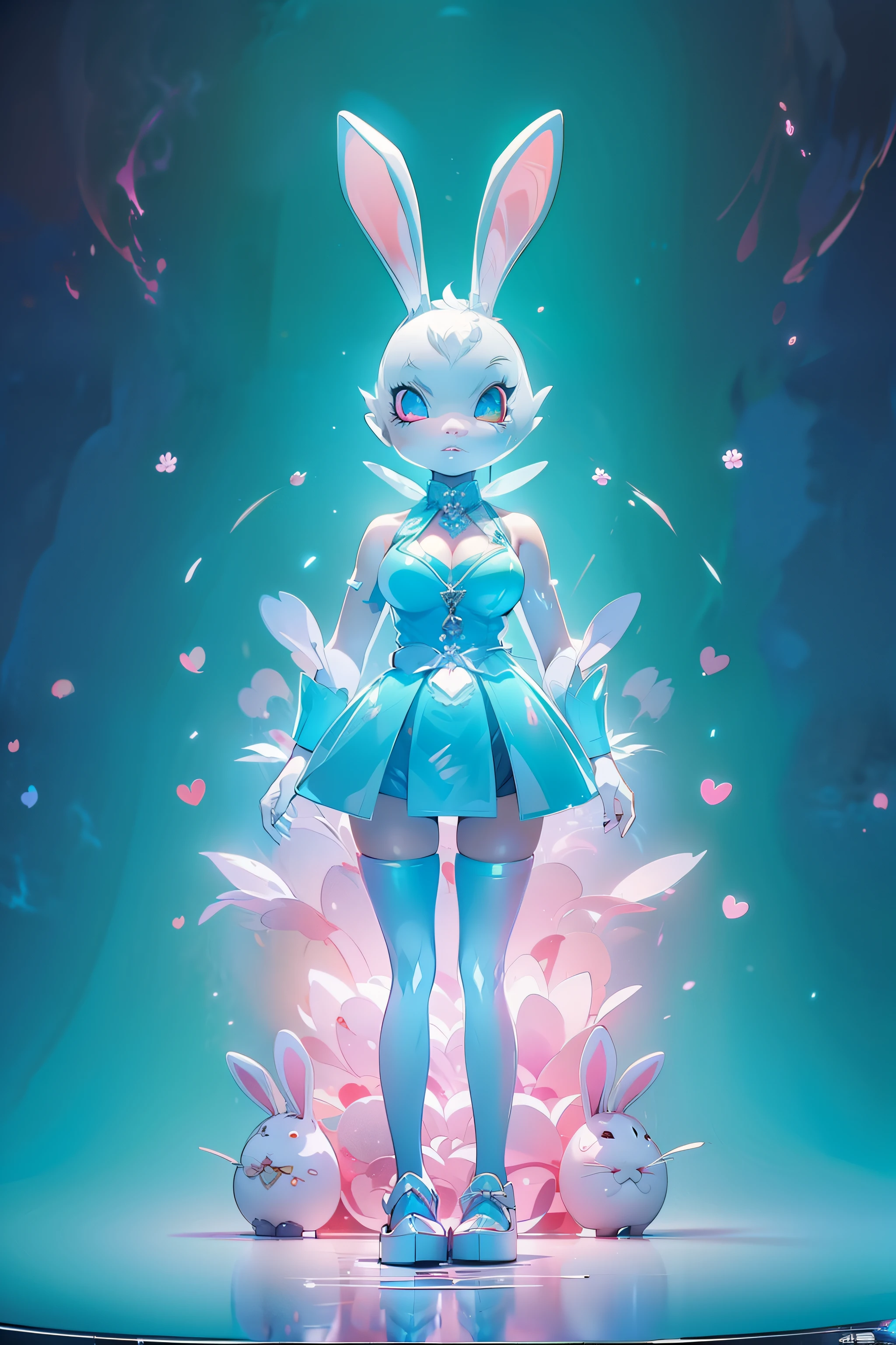 (((edgBunny)))，edgBunny，(((Behind it is a huge rabbit)))，A woman of outstanding figure，Wear a nice miniskirt，Leaking out of both shoulders，jewely，Amazing work，Vitreous luster,clean backdrop，High gloss，blue colors，In pink，cyan colors，red colour