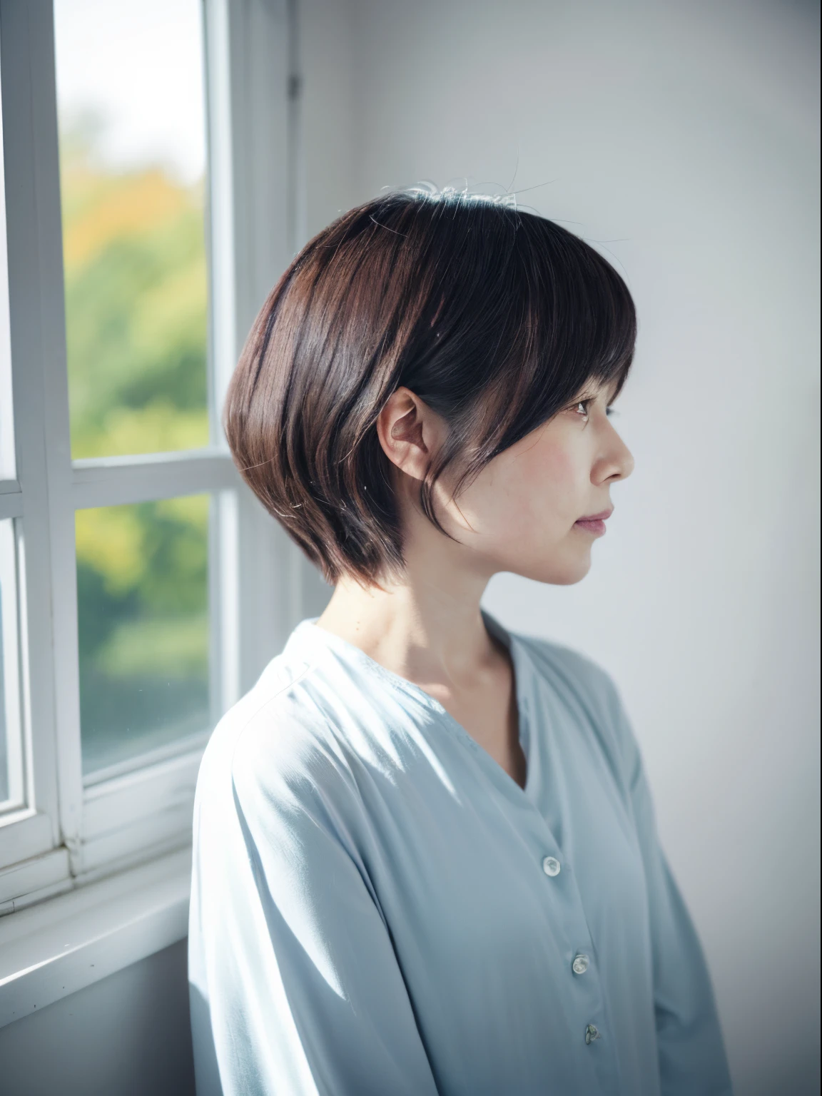 8K、（RAW Photography）、（top-quality）、（Photorealsitic：1.4）Realistic to the touch Realistic、(4K high image quality:1.2)、(High resolution, masutepiece, of the highest quality, high detailing, Official: 1.4), (Realistic: 1.2, hyper realisitic: 1.1, Photorealistic: 1.37), depth of fields, (Detailed description of hair), (Detailed description of face), Incomparable beauty,, (35 years old,: 1.4)、Autumn clothes、Autumn clothes、A little depressed、(white wall room with window、Shot in a beauty salon)、natural soft light、short-hair、short shorthair、reallistic、high-level image quality、hiquality、profile、Various poses using hands、various hairstyles、profile、bob、short-cut
