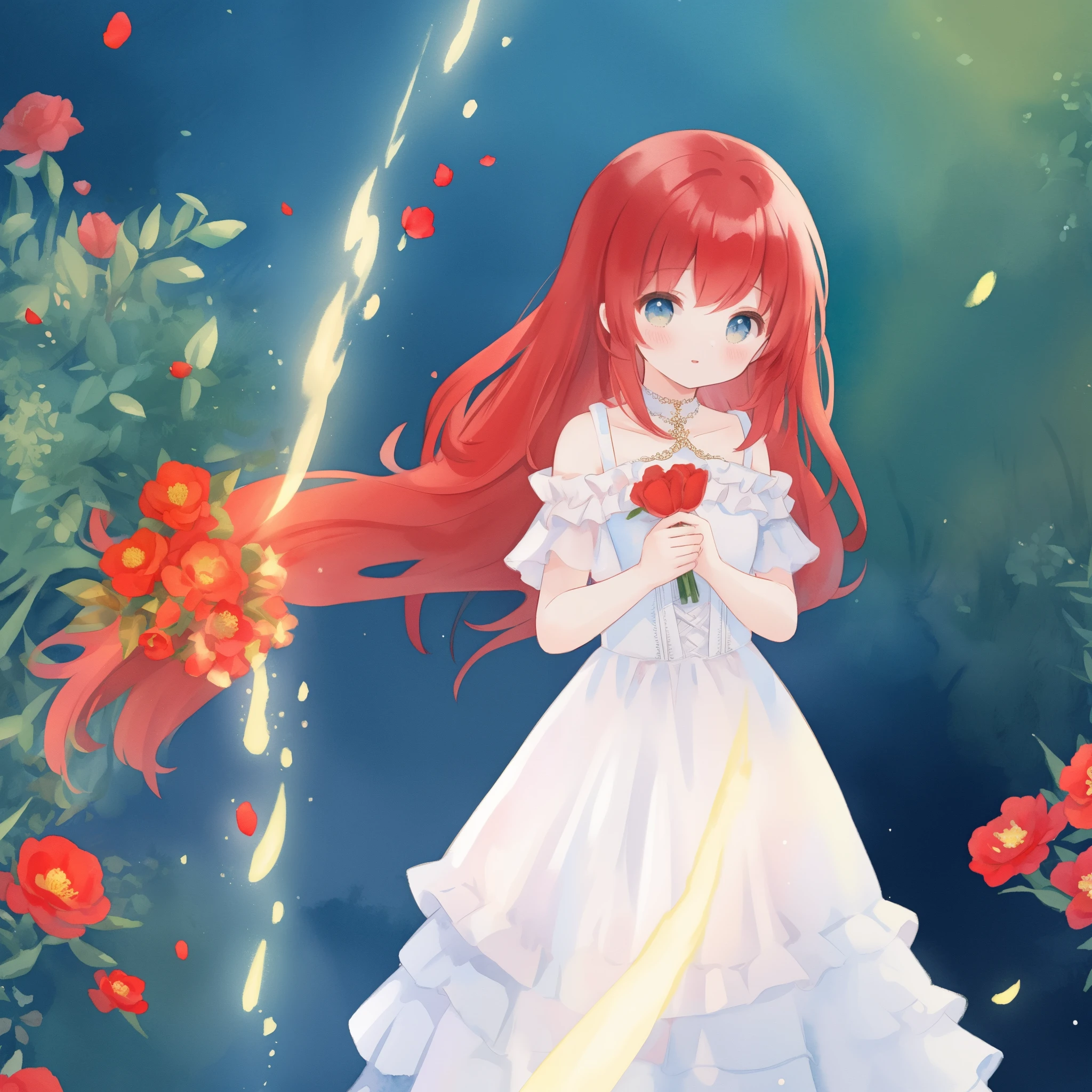 beautiful girl in puffy layered ballgown, puffy layered tutu skirt, long flowing red hair, colorful fantasia background, watercolor illustration, glowing aura around her, glowing flowing hair, fantasia otherworldly landscape, otherworldly beautiful red flowers, fantasia meadow background, beautiful, masterpiece, best quality, sharp focus, intricate details, highly detailed, 8k resolution, high resolution, fine detail, golden ratio, perfect composition, perfection, intricate dress details