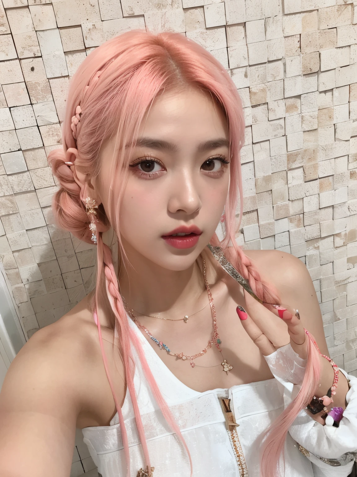 Hay una mujer con cabello rosa y un top blanco, Pelo rosa de cola doble y ojos cian, ulzzang, Sakimichan, con cabello rosado, cabello liso rosa, peinado de coletas, Parque Roseanne de Blackpink, Retrato de Jossi de Blackpink, E - Chica, e-chica, Hermosa Delphine, coleta colorida, Jinyoung Shin