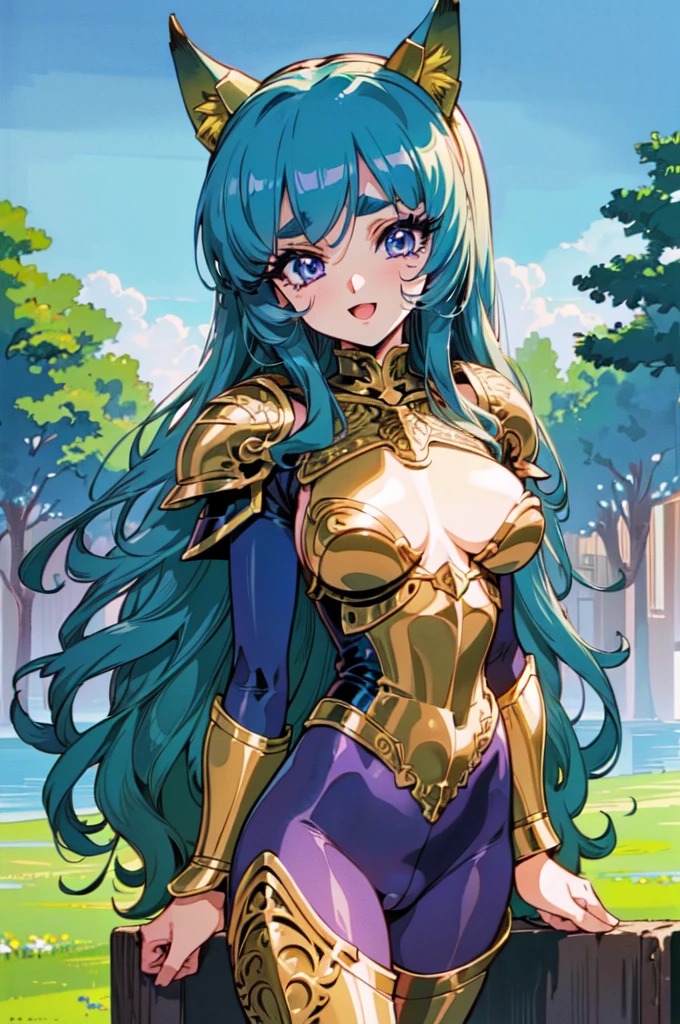 "(masterpiece:1.1), best quality, NSFW, 
1girl, (80s anime style:1.3), (eyelashes:1.5), (loli:1.2), 
(intricate high detailed body:1.2), 
blue hair, (forehead:1.1), (long hair, wavy hair:1.1), (animal ears:1.2), 
purple eyes, (thick eyebrows:1.1), 
(medium breasts:1.1), 
(happy, smile:1.2), blush,open mouth, 
(golden embroidery body suit armor:1.2), (pantyhose:1.2), 
(knight armor, armored boots:1.2), (accessories:1.1), neckwear, 
standing, leaning forward, 
(upper body, cowboy shot, looking at viewer, from front:1.1),
(daytime, grassland, outdoors:1.2)"