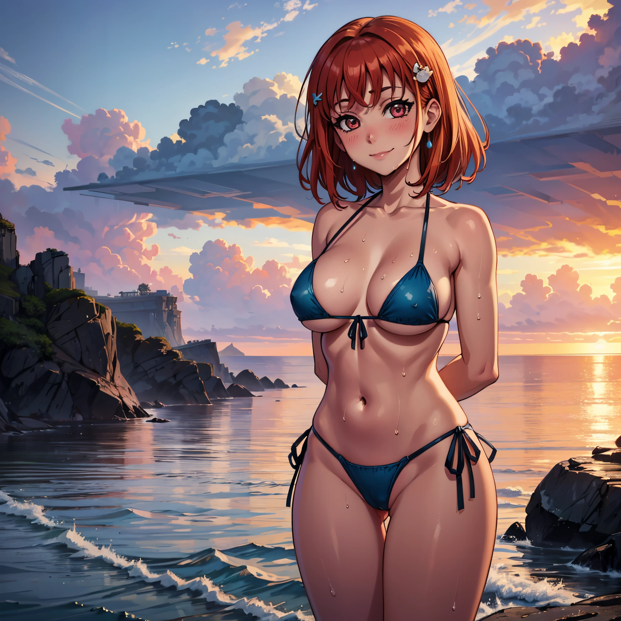 (best quality,4k,8k,highres,masterpiece:1.2), ultra-detailed, sunset ,big breasts, arms behind back, takami chika, side-tie micro bikini, slightly smile, Blushing, thighs, cowboy shot, hair ornament, sea in background,wet, pussy wedgie, nipple