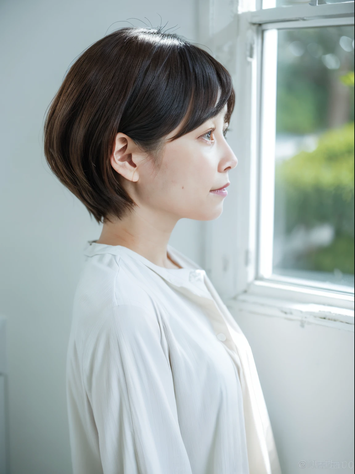 8K、(RAW Photography)、(top-quality)、(Photorealsitic:1.4)Realistic to the touch Realistic、(4K high image quality:1.2)、(High resolution, masutepiece, of the highest quality, high detailing, Official: 1.4), (Realistic: 1.2, hyper realisitic: 1.1, Photorealistic: 1.37), depth of fields, (Detailed description of hair), (Detailed description of face), Incomparable beauty,, (35 years old,: 1.4)、Autumn clothes、Autumn clothes、A little depressed、(white wall room with window、Shot in a beauty salon)、natural soft light、short-hair、short shorthair、reallistic、high-level image quality、hiquality、profile、Various poses using hands、various hairstyles、profile、bob、short-cut