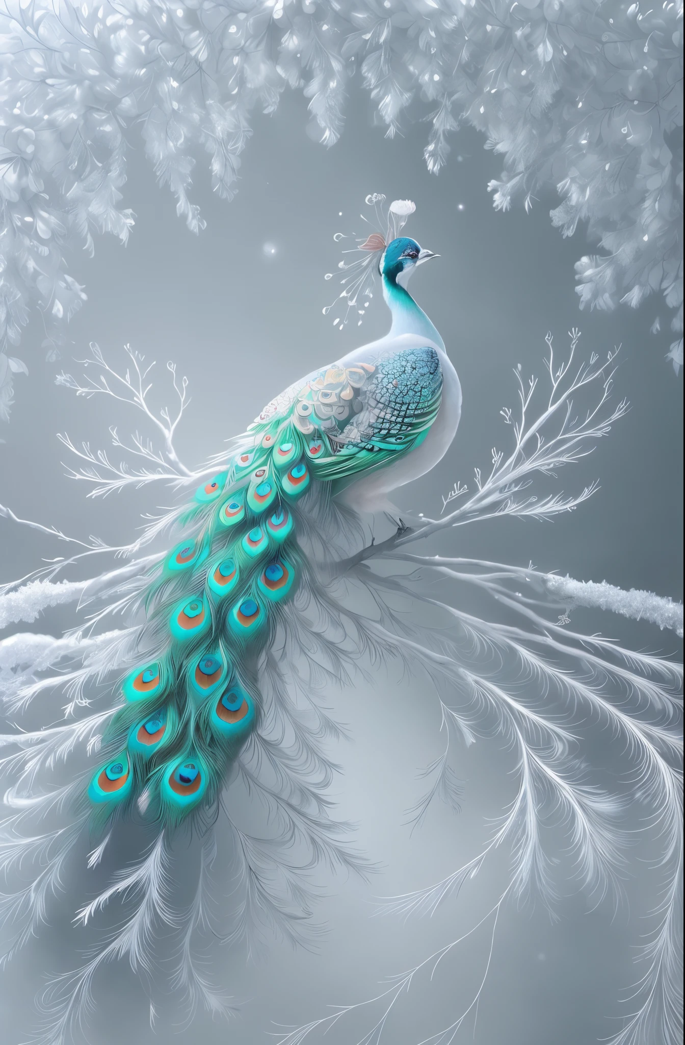 red peacock sitting on a branch with feathers and frosty branches, beautiful digital art, beautiful digital artwork, beautiful and graceful, very beautiful digital art, breathtaking digital art, peacock, a painting of white silver, highly detailed digital art, beautiful gorgeous digital art, peacock. intricate, stunning digital art, gorgeous digital art, beautiful animal pearl queen