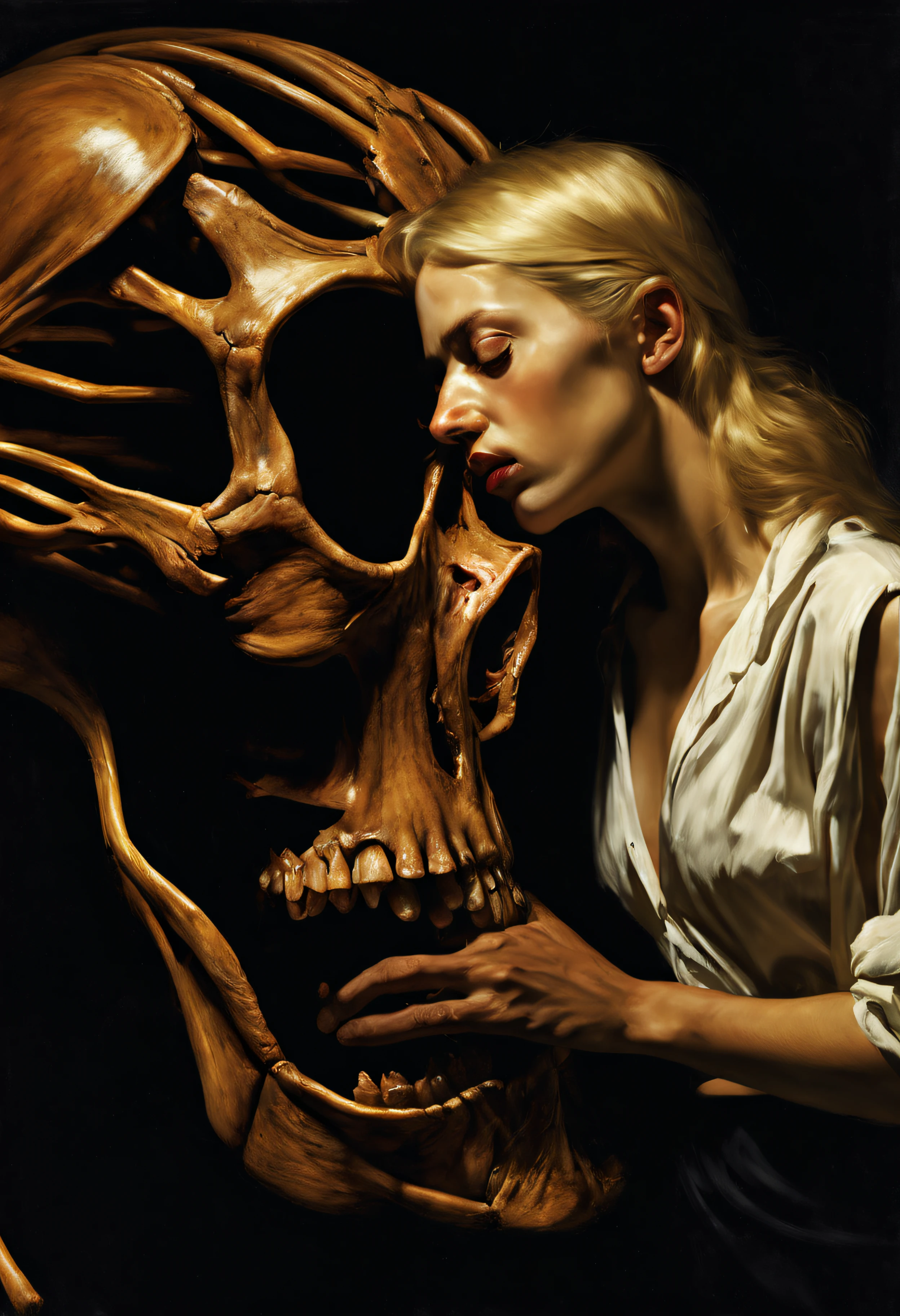 "(The best lighting, alto contraste, oscuro, dramatic),(Chica rubia junto a una cabra negra gigante, Open the rib cage, feto, autopsia, huesos humanos, sangre por las paredes). Luz Caravaggio"