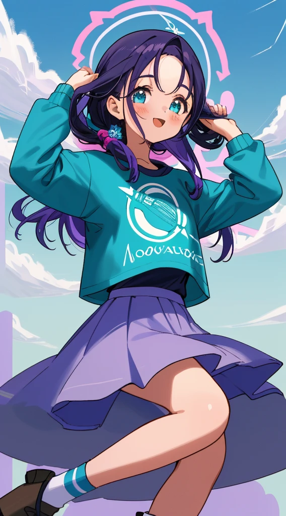 1 Girl, corpo inteiro, olhos azuis detalhados, cabelo preto com fundo roxo, tons de azul, detalhado, olhos estrelados, folhas voando desfocado, (blusa moletom grande rosa), sapato branco