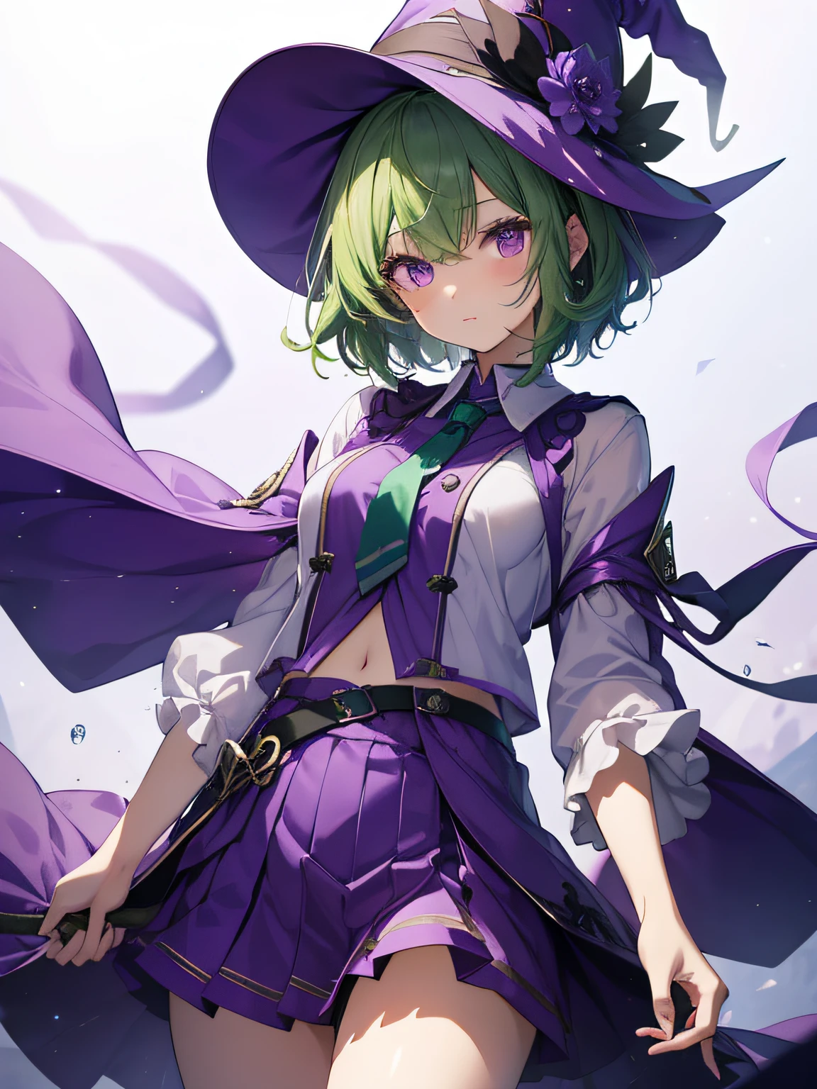 top-quality、extremely delicate and beautiful、(A girl)、Purple Eye、Green hair、short-haired、(purple witch hat)、Purple tie、Soio、shortsleeves、Purple skirt、Purple Wizard Robe、Navel、is standing、Facing the front、