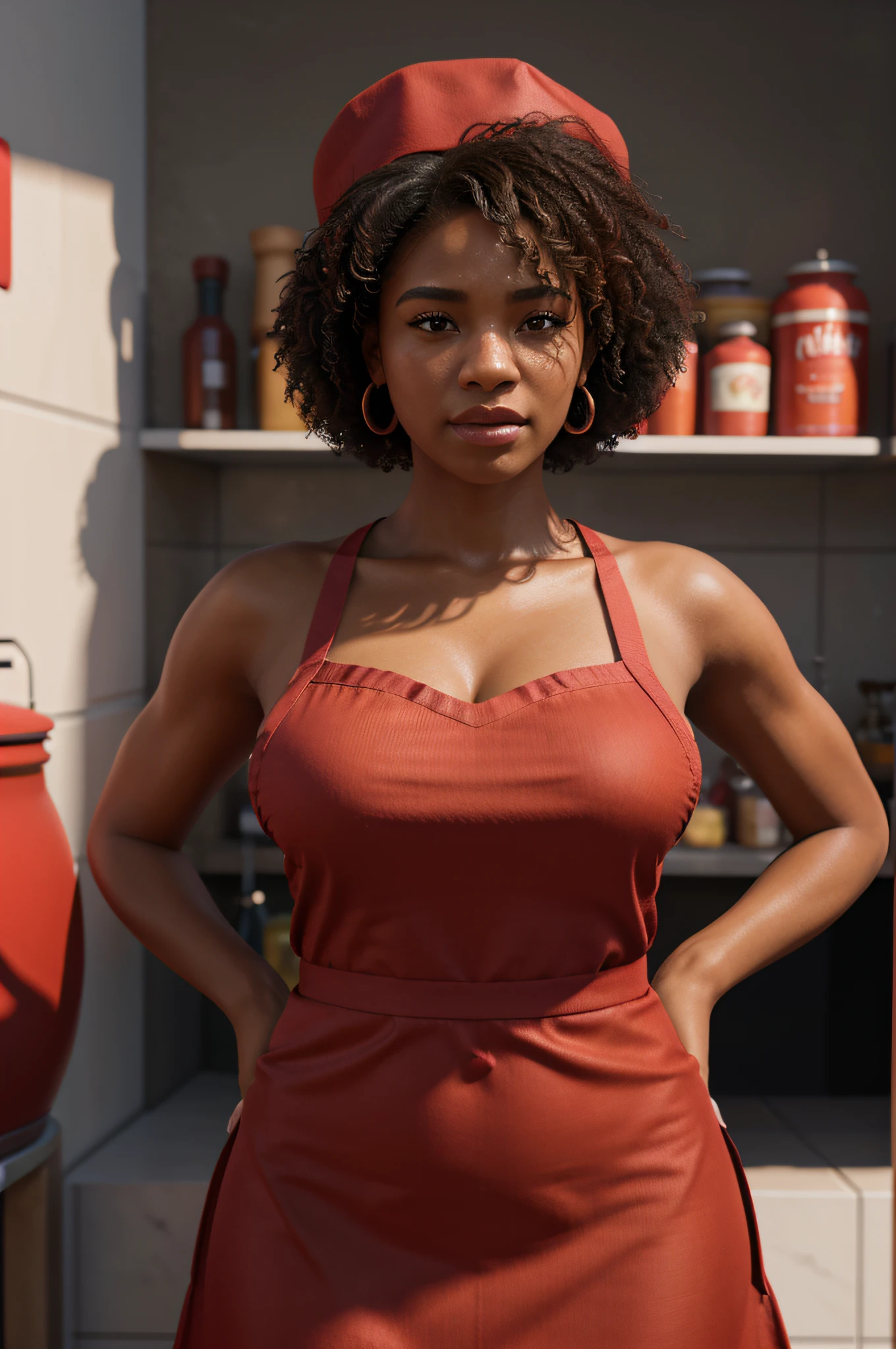 half-body portrait 3d render, Beautiful afro latina woman , sporting a red chef hat and red apron, 3d, octane render, depth of field, unreal engine 5, concept art, vibrant colors, glow, trending on artstation, ultra high detail, ultra realistic, cinematic lighting, focused, 8 k ,