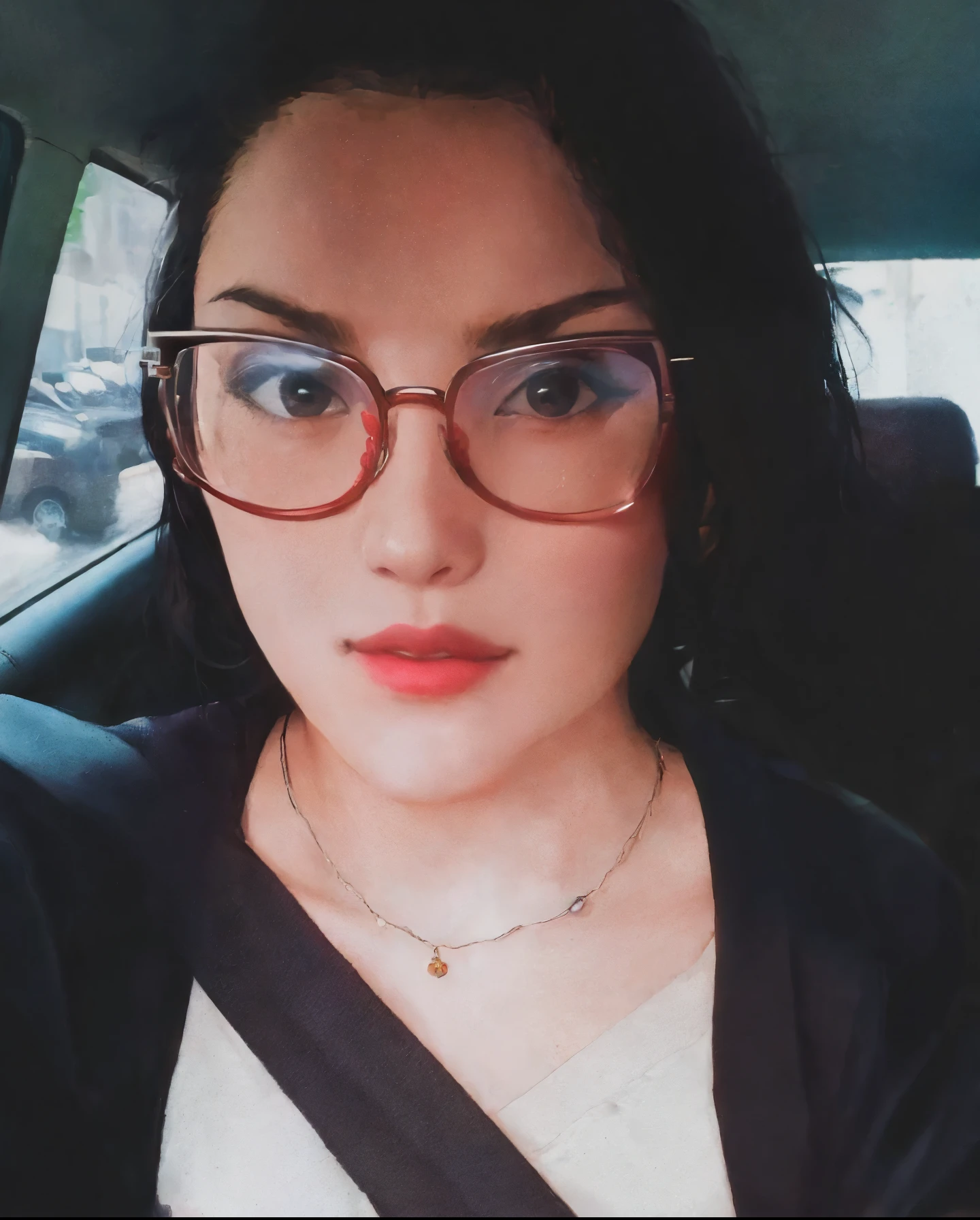 there is a woman with glasses and a necklace in a car, thick red lips, wearing thin large round glasses, Foto POV, red lips, foto de perfil headshot, wearing black rimmed glasses, girl wearing round glasses, wearing big black circle glasses, wavy long black hair and glasses, wearing round glasses, selfie de uma jovem mulher, wearing small round glasses