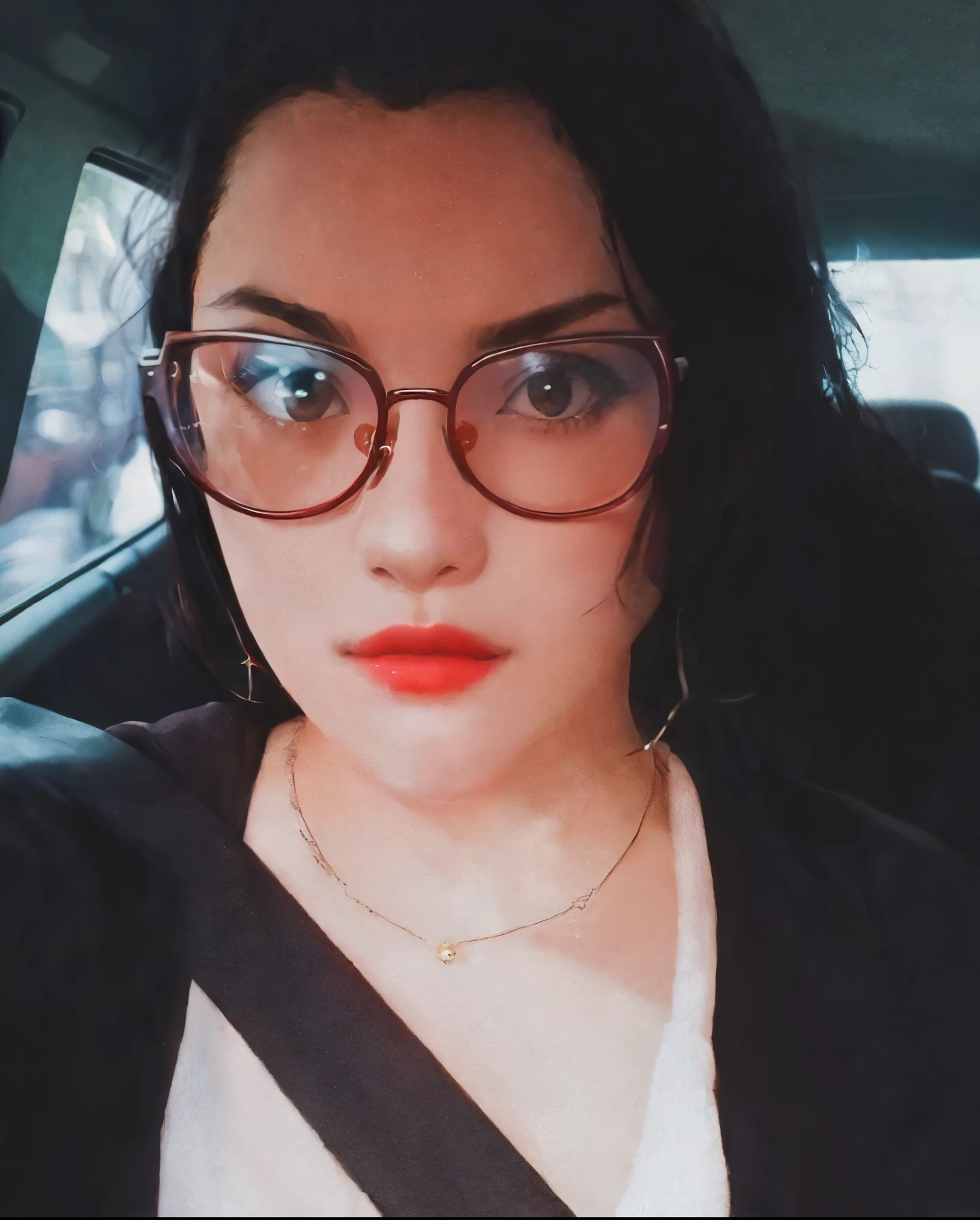 there is a woman with glasses and a necklace in a car, thick red lips, wearing thin large round glasses, Foto POV, red lips, foto de perfil headshot, wearing black rimmed glasses, girl wearing round glasses, wearing big black circle glasses, wavy long black hair and glasses, wearing round glasses, selfie de uma jovem mulher, wearing small round glasses