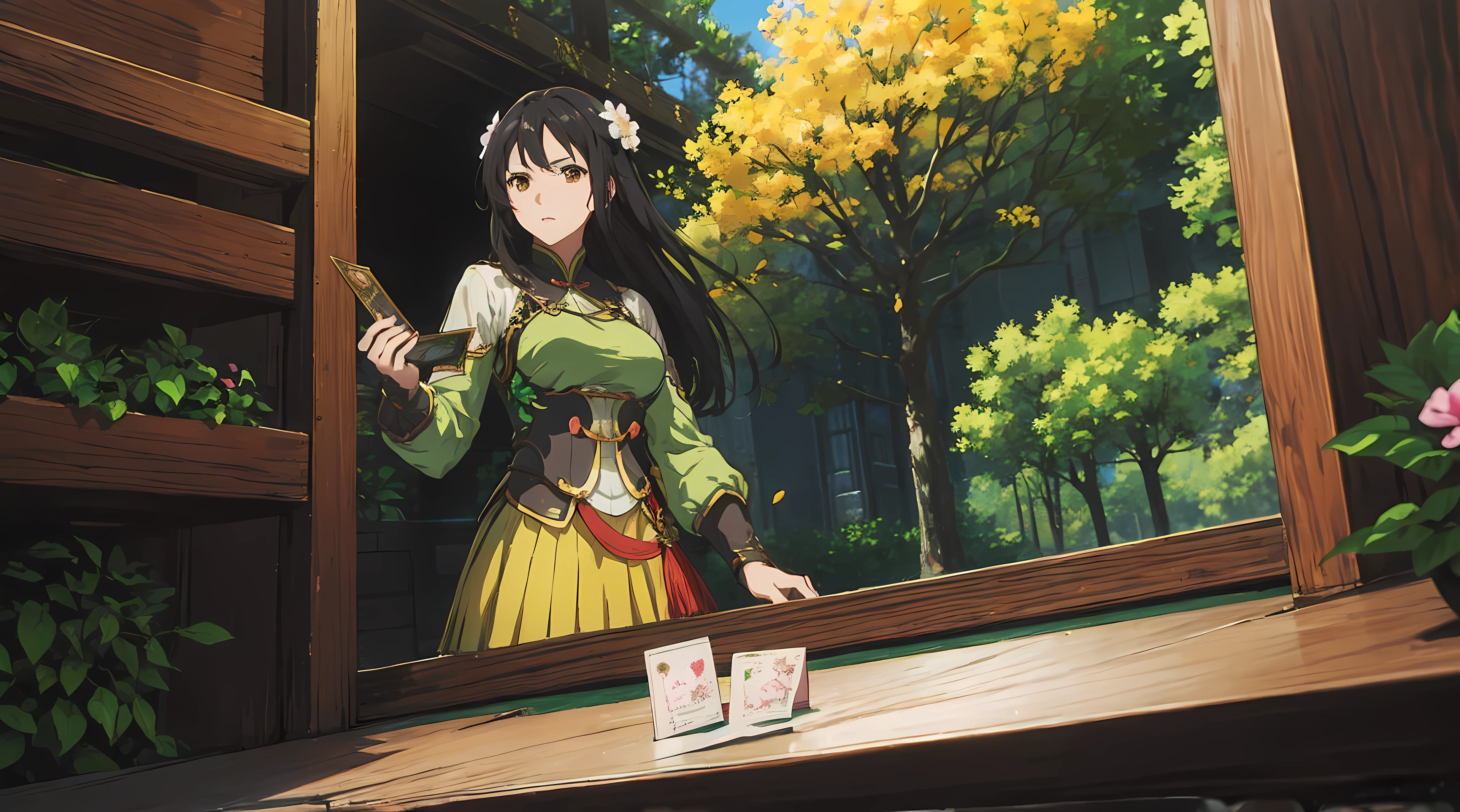 Guan yinping, fighting stance, serious, huge breasts, black hair, brown eyes, hair ornament, hair flower, green top, looking at viewer, forest, half body, holding card, long black socks, standing, upper body, violet evergarden