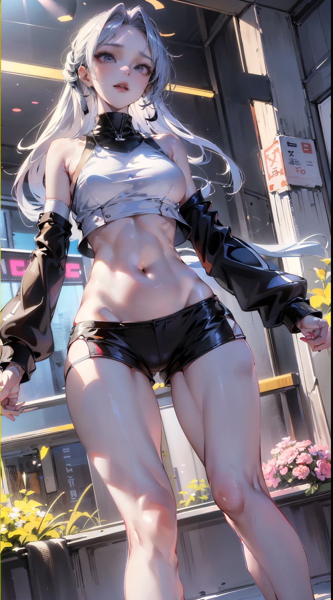 from below,ultra-wide-angle,8K,(Slender body proportions:1.5),(Slender body proportions), (Best quality, 4K, 8K, A high resolution, tmasterpiece:1.2), ultra - detailed, (actual,), girl,20yr old,Moderate chest size, campus sportswear sneakers