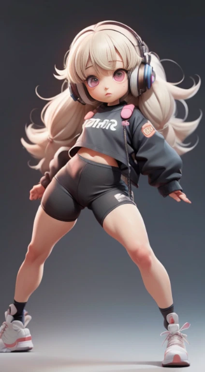 interesting,Realistic anime 3D style, Standing model girl,Big bright eyes,Light-colored hair,Fine hair,Cool,Earphone。Motion capture。Detail and 8K resolution. Solid background pattern, (full bodyesbian, including legs: 1.5)