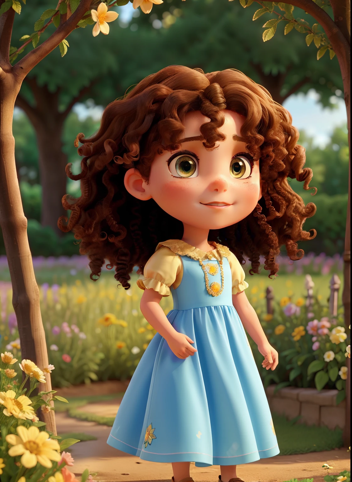 A sweet girl with curly hair and golden brown with blue eyes and a beautiful long dress in a garden with lots of colorful flowers and a strong light in her direction