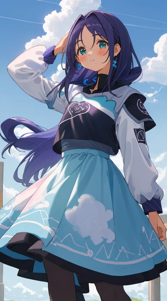 1 Girl, corpo inteiro, olhos azuis detalhados, cabelo preto com fundo roxo, tons de azul, detalhado, olhos estrelados detalhados, folhas voando desfocado,Blue sky with clouds, (blusa moletom grande rosa), sapato branco