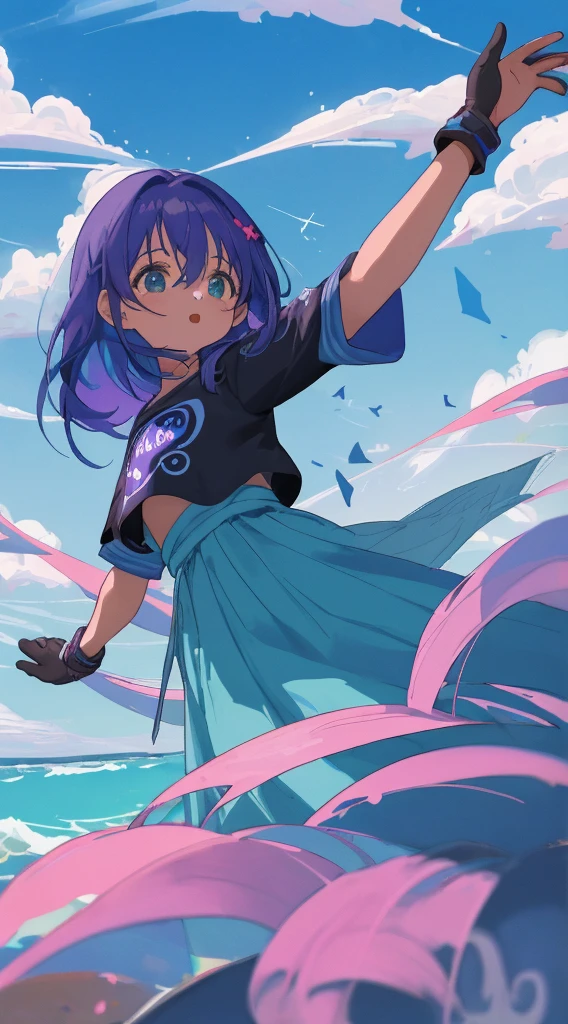 1 Girl, corpo inteiro, olhos azuis detalhados, cabelo preto com fundo roxo, tons de azul, detalhado, olhos estrelados detalhados, folhas voando desfocado,Blue sky with clouds, (blusa moletom grande rosa), sapato branco