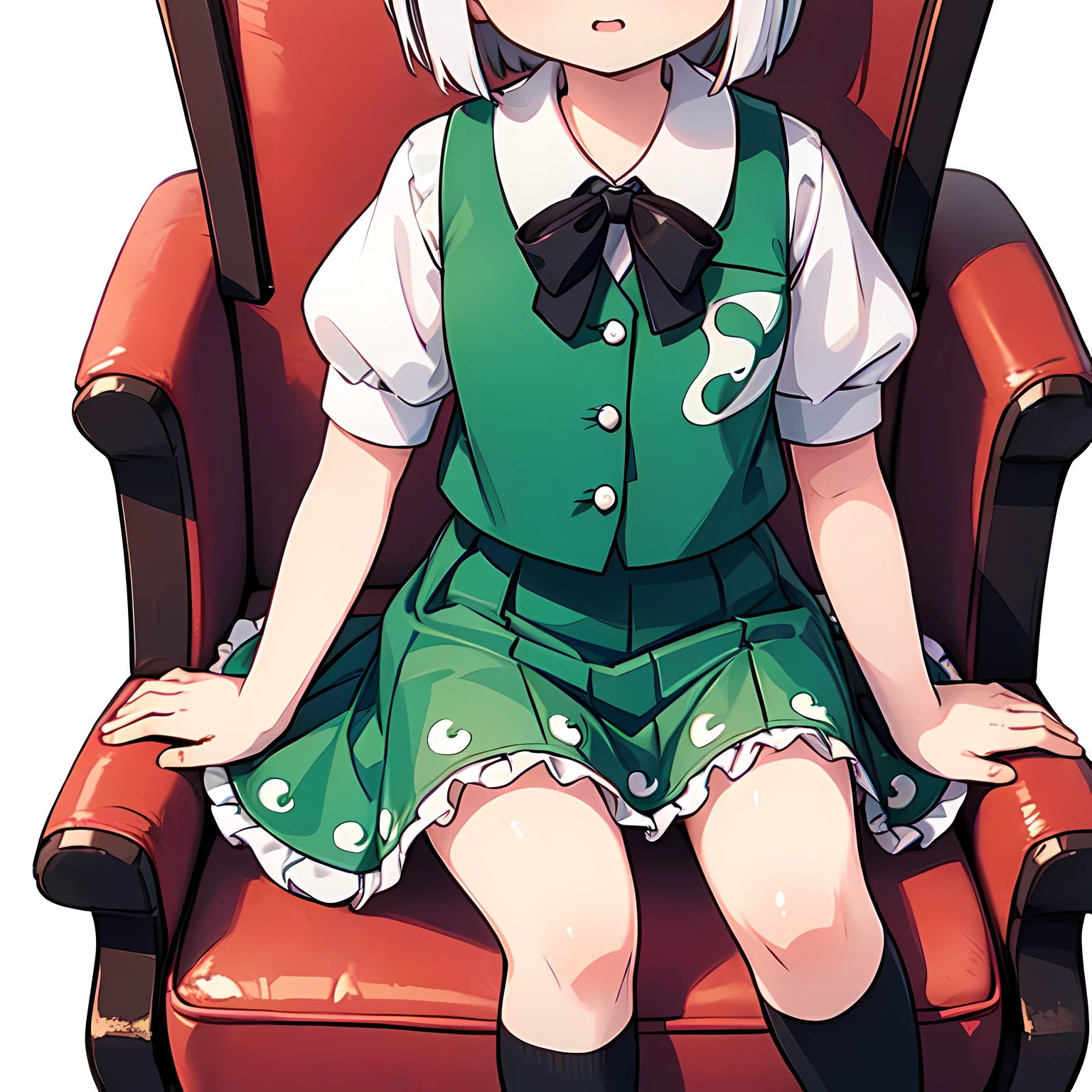 masterpiece, best quality, extremely detailed, anime,1girl, touhou, (konpaku youmu:1.3), (black high socks:1.4),a close up of a young girl sitting on a chair,