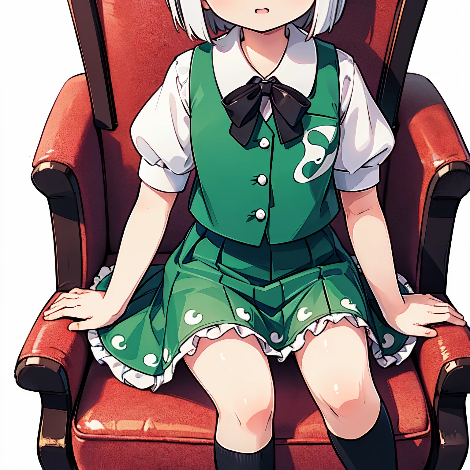 masterpiece, best quality, extremely detailed, anime,1girl, touhou, (konpaku youmu:1.3), (black high socks:1.4),a close up of a young girl sitting on a chair,